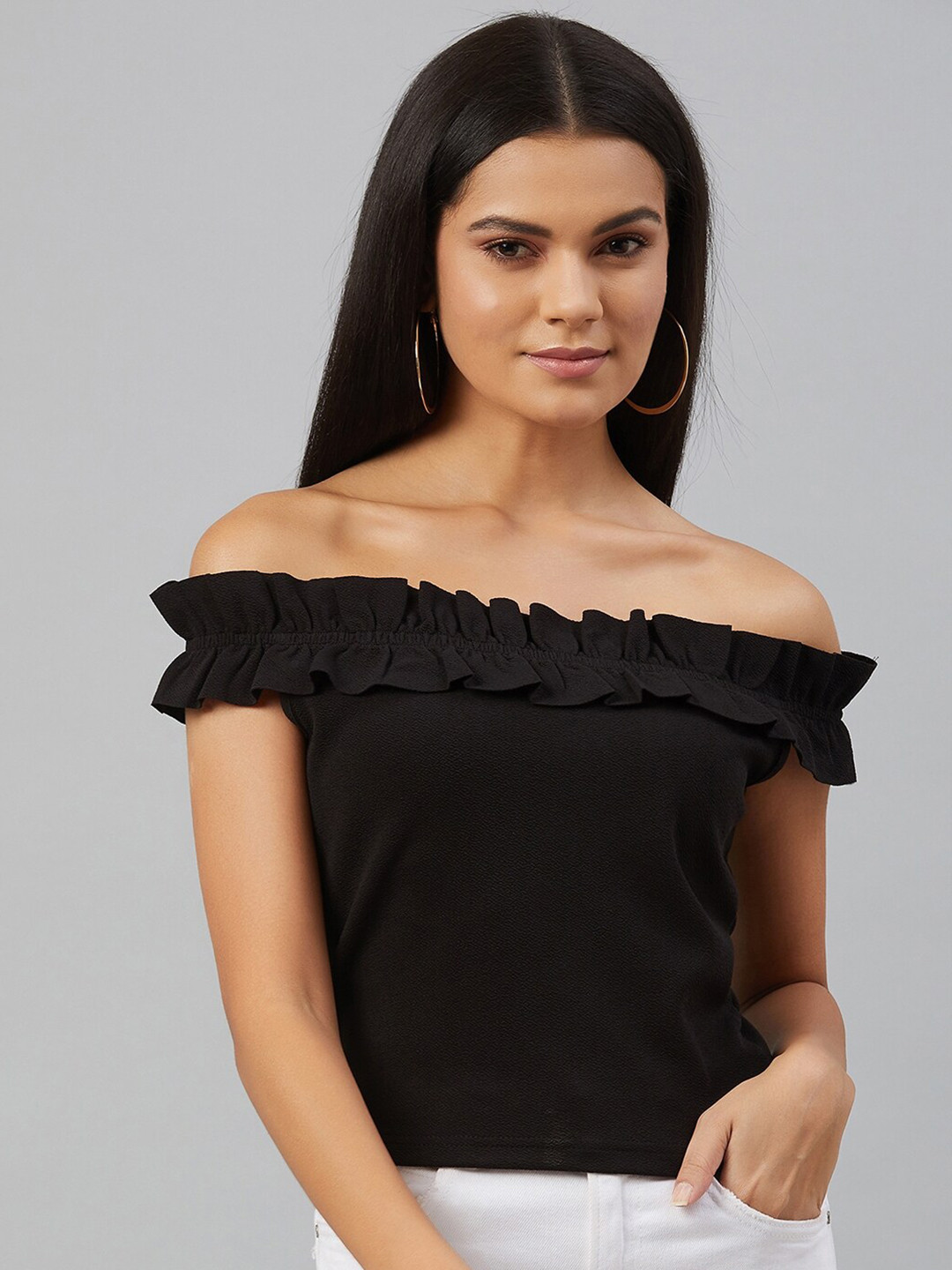 

Orchid Blues Black Off-Shoulder Bardot Crop Top