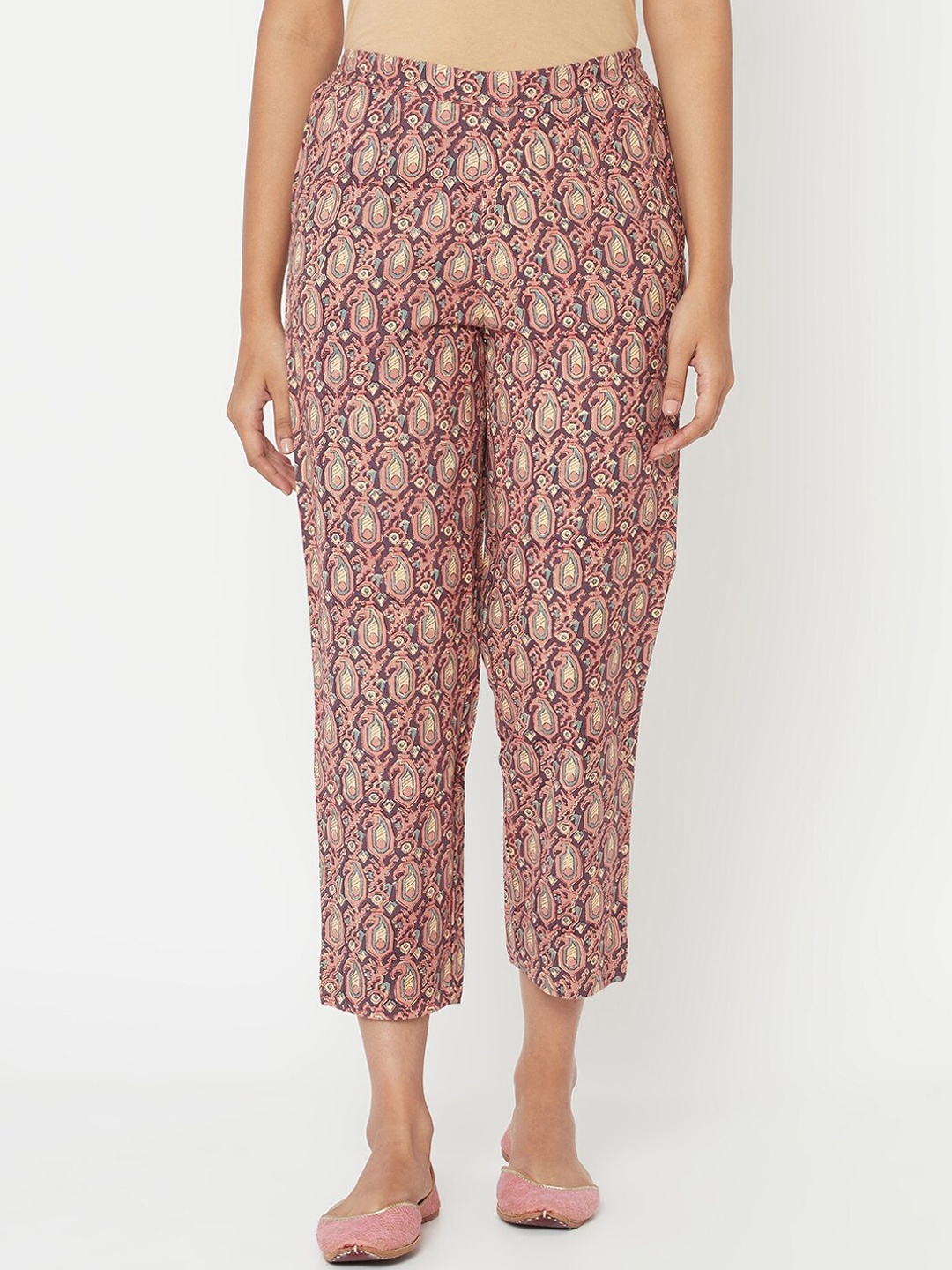 

Fabindia Women Purple & Off White Paisley Printed Loose Fit Cotton Linen Trousers