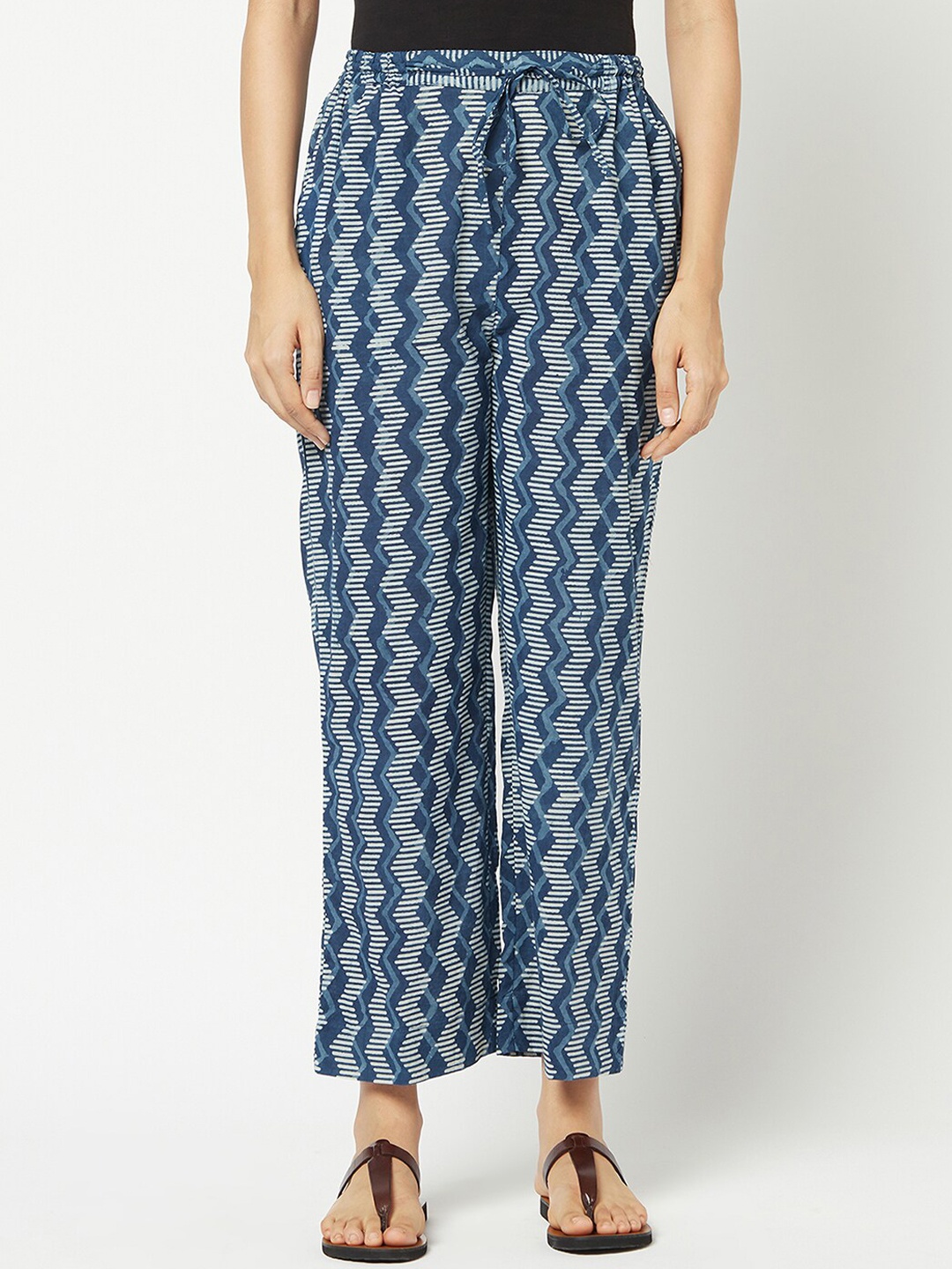 

Fabindia FabBasic Women Blue Printed Parallel Trousers