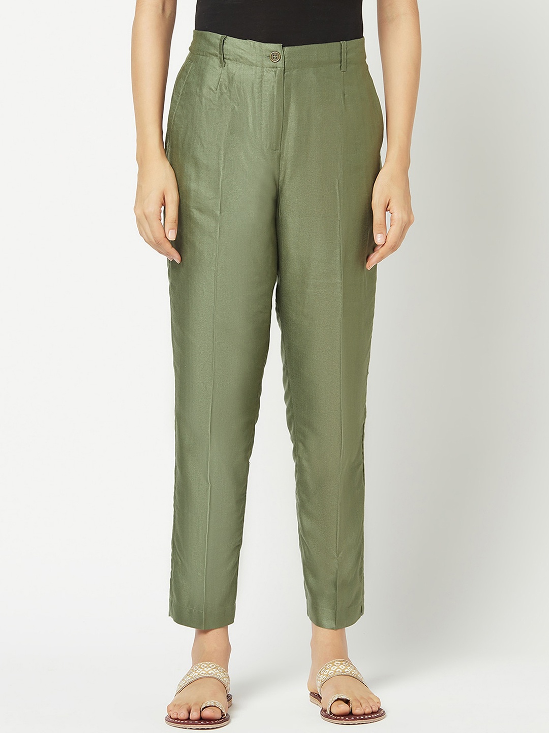 

Fabindia Women Olive Green Slim Fit Trousers