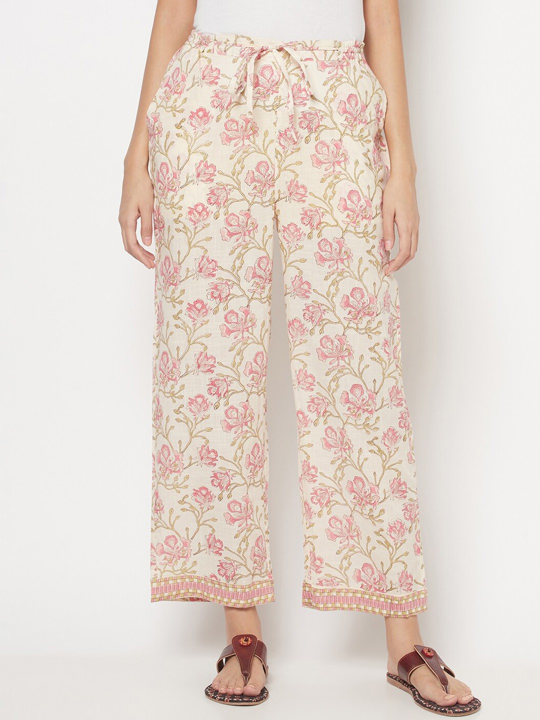 

Fabindia Women Off White Floral Printed Parallel Trousers