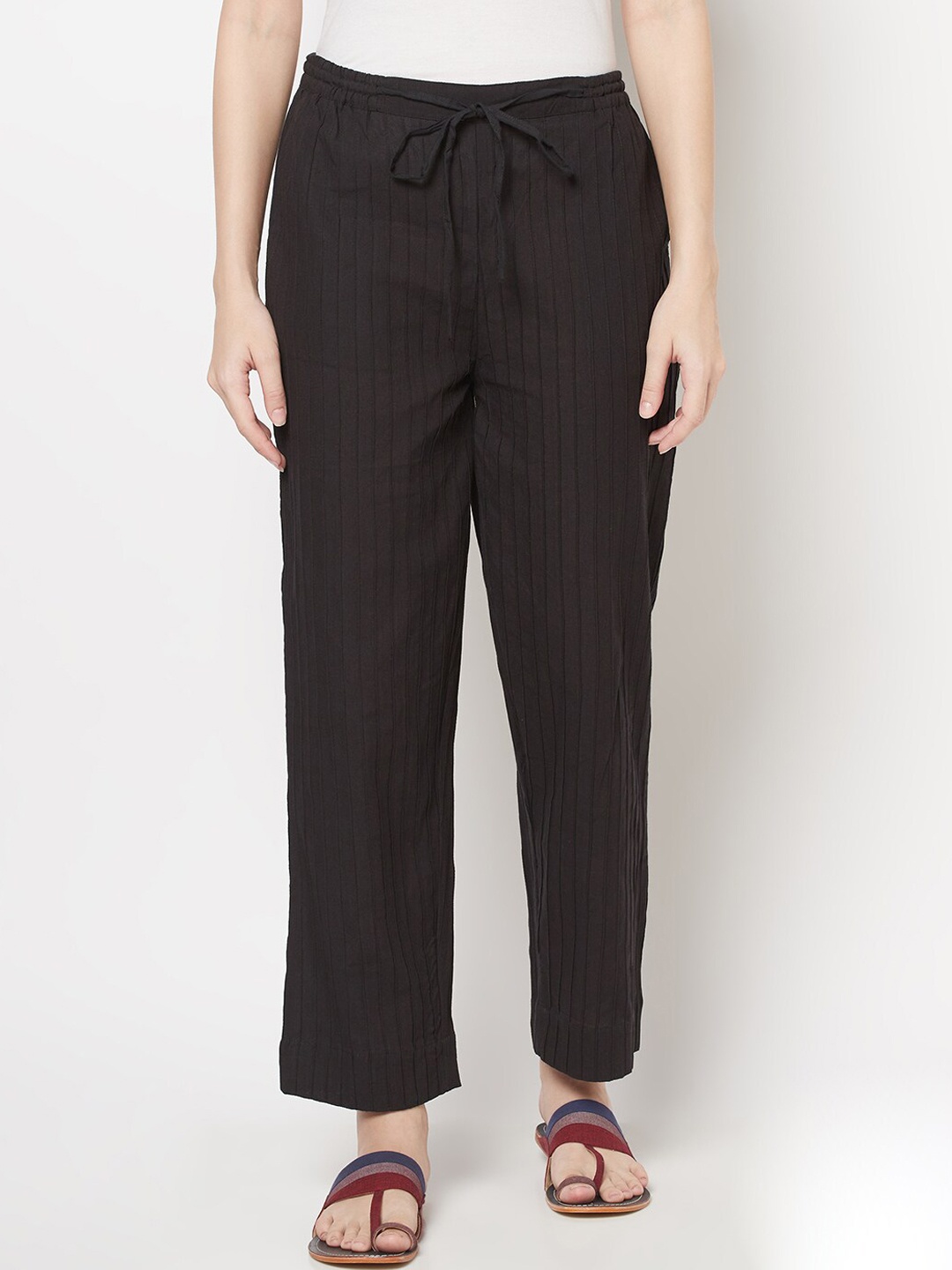 

Fabindia Women Black Striped Loose Fit Pleated Cotton Parallel Trousers