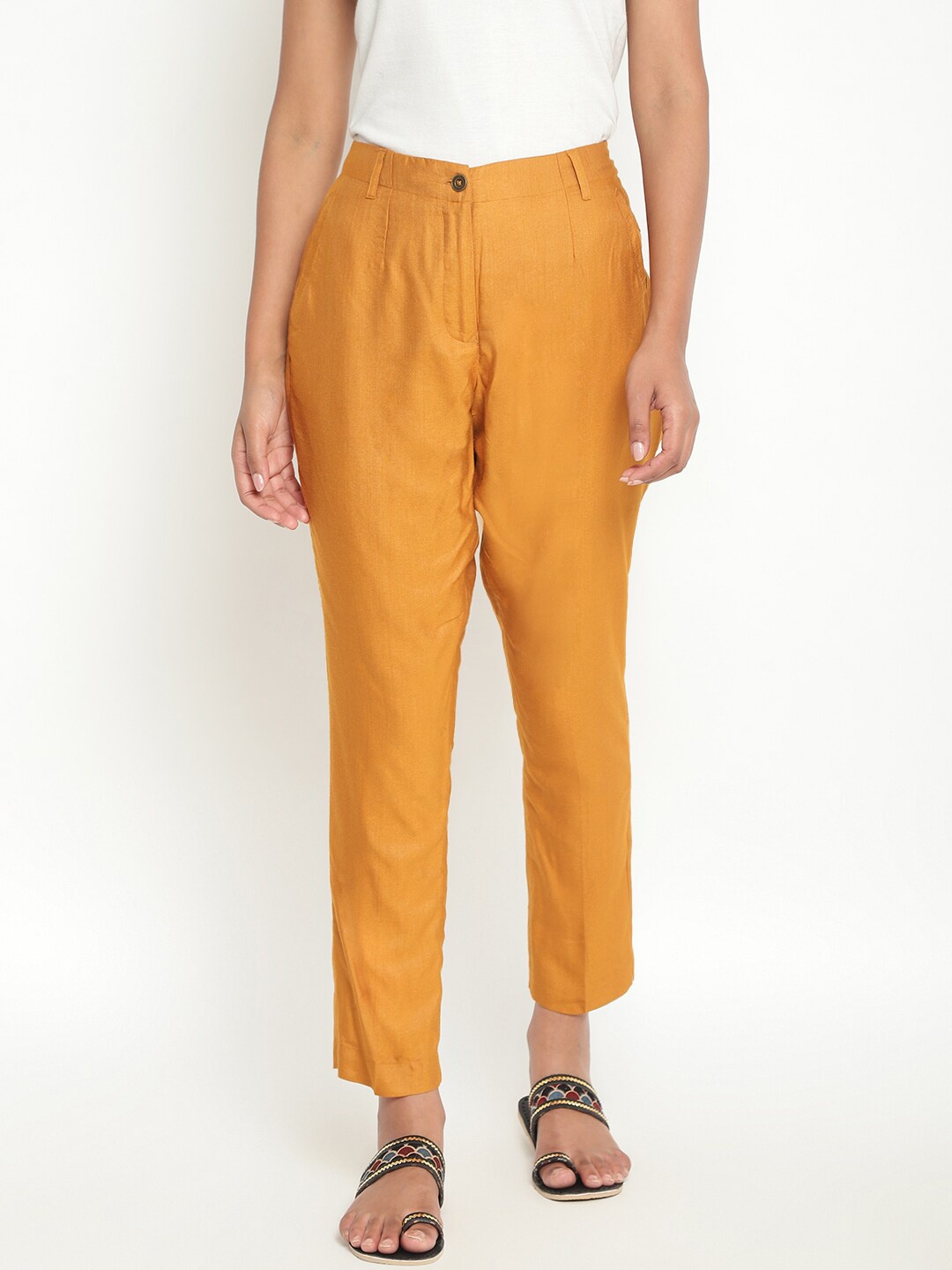 

Fabindia Women Mustard Yellow Slim Fit Pleated Trousers