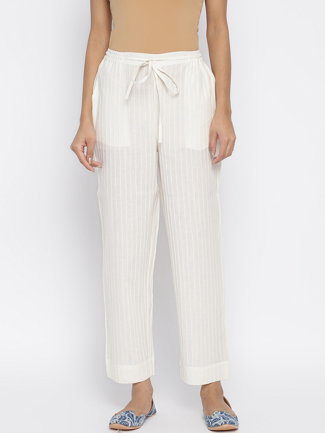 

Fabindia Women White Striped Loose Fit Parallel Trousers