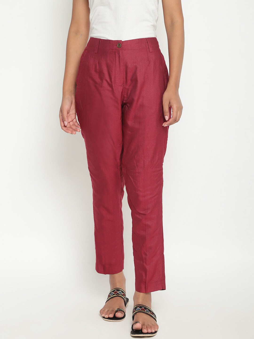 

Fabindia Women Maroon Slim Fit Pleated Trousers