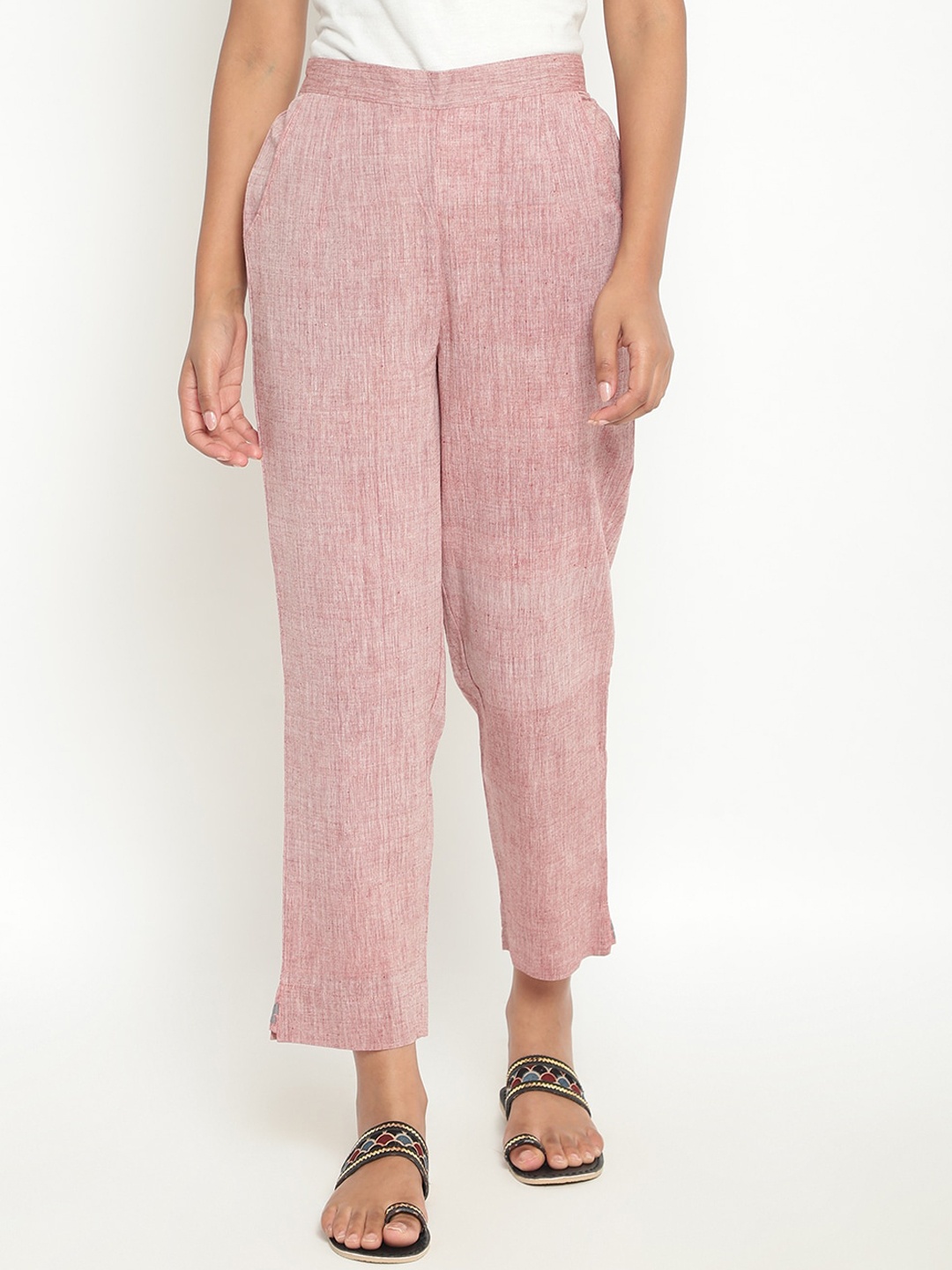 

Fabindia Women Peach-Coloured Textured Loose Fit Cotton Trousers