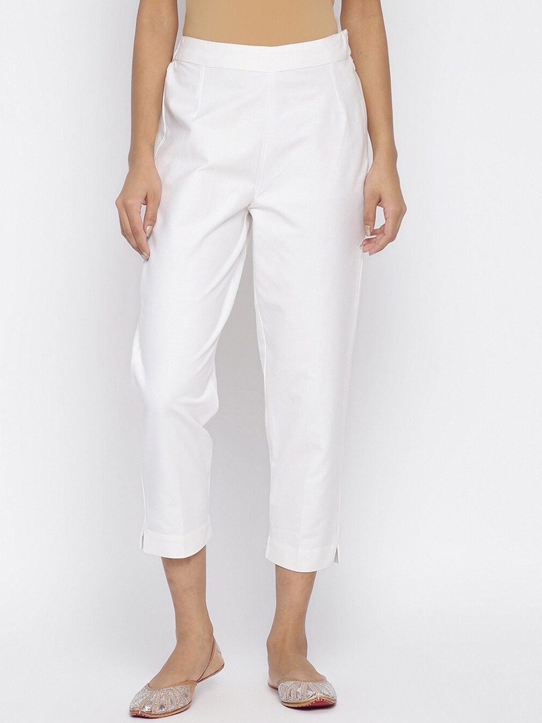 

Fabindia Women White Slim Fit Pleated Trousers