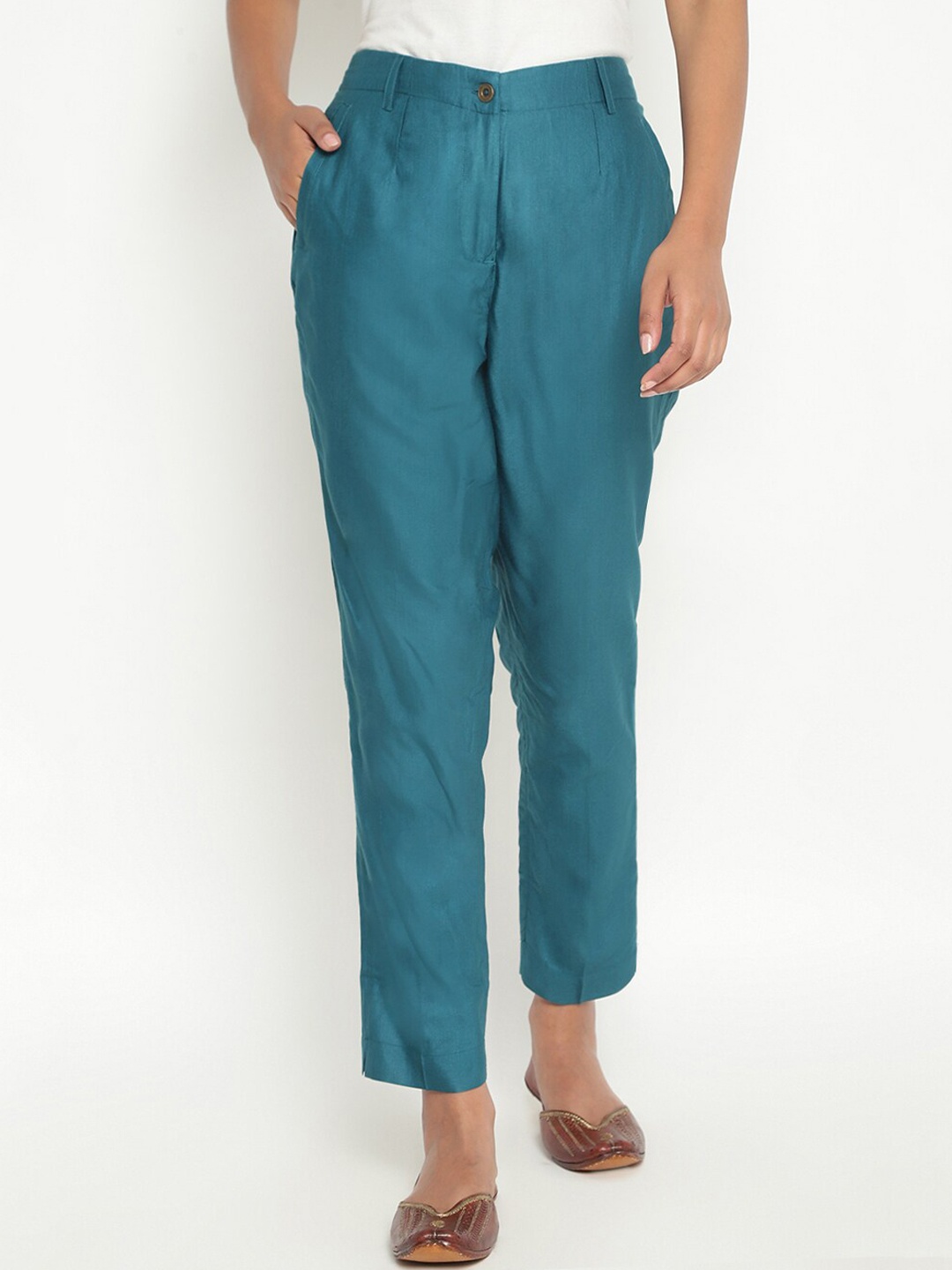 

Fabindia Women Turquoise Blue Slim Fit Chinos Trousers