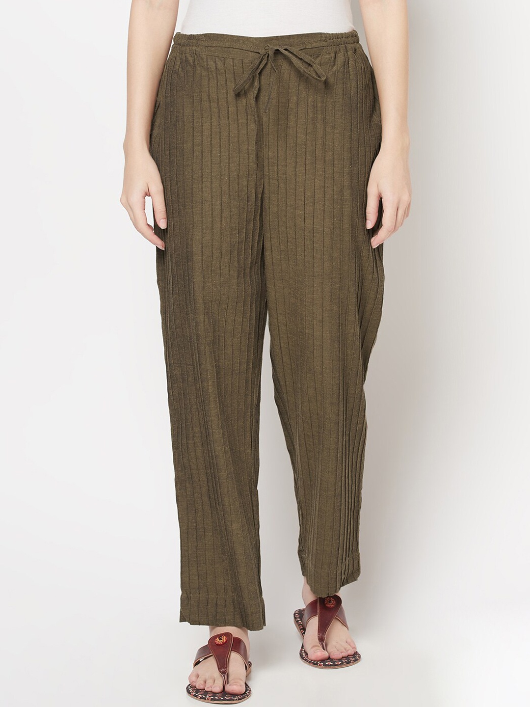 

Fabindia Women Brown Striped Loose Fit Pleated Cotton Parallel Trousers