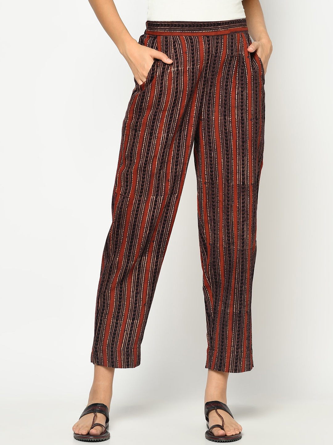 

Fabindia Women Red Striped Tapered Trousers