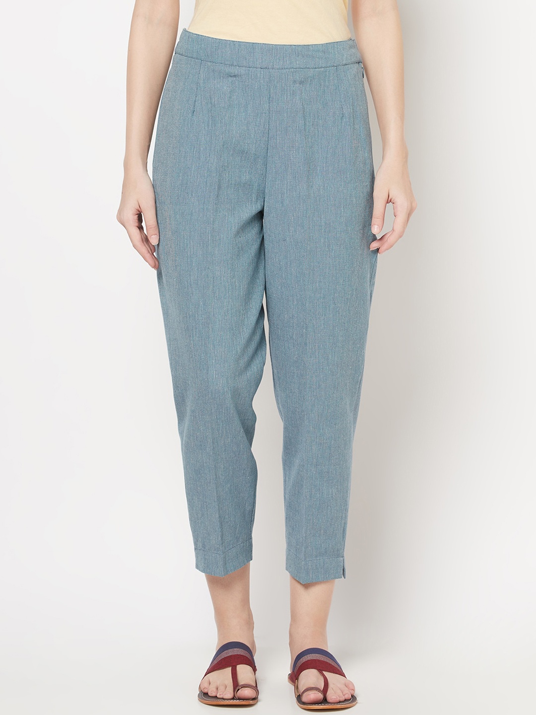 

Fabindia Women Blue Slim Fit Pleated Peg Trousers