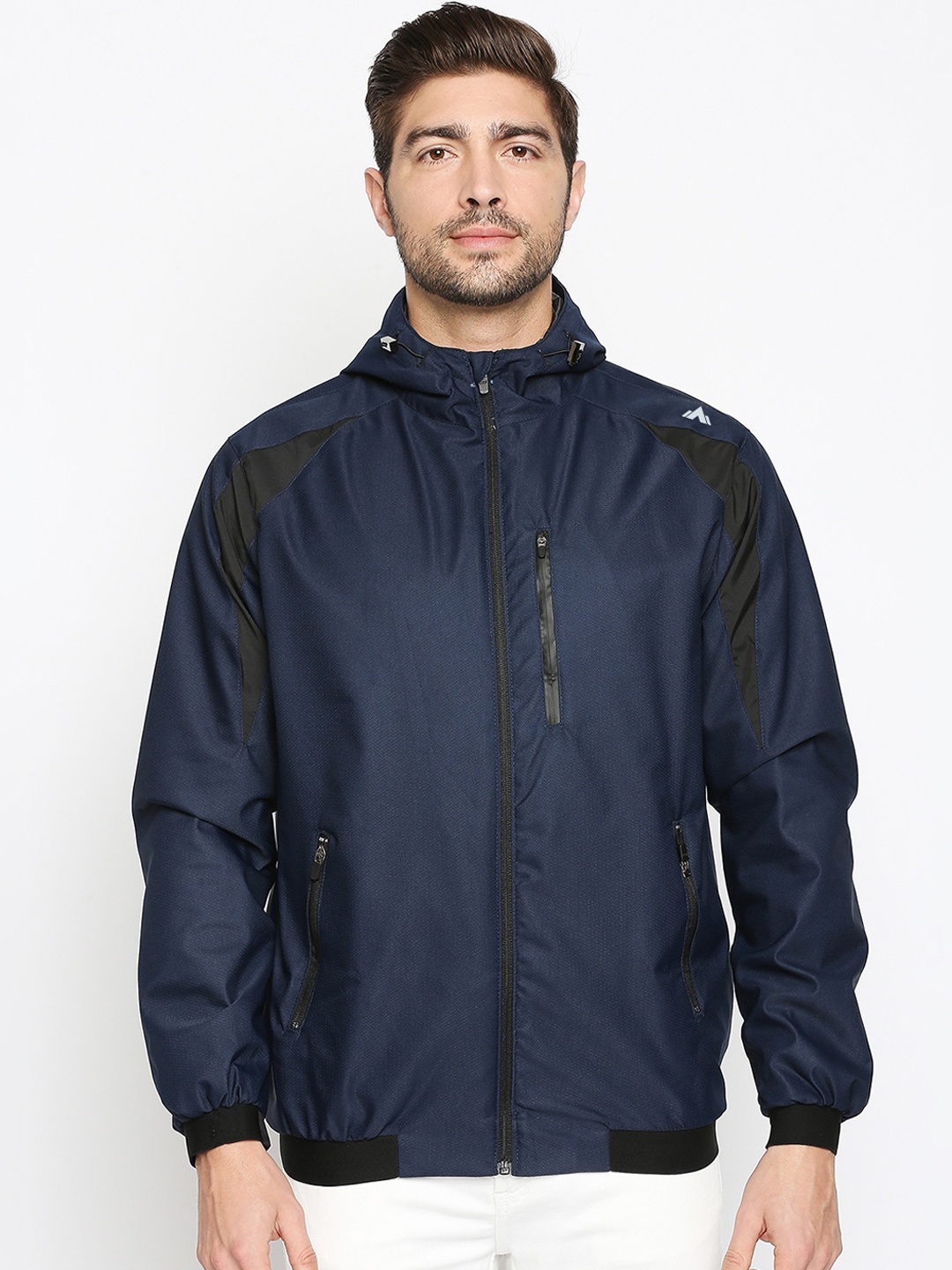 

Zeel Men Navy Blue Colourblocked Windcheater and Water Resistant Longline Open Front Jacket