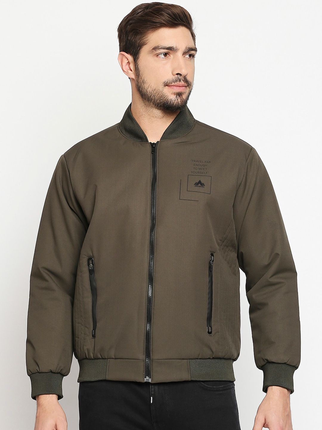 

Zeel Men Green & Black Typography Printed Lightweight Bomber Jacket