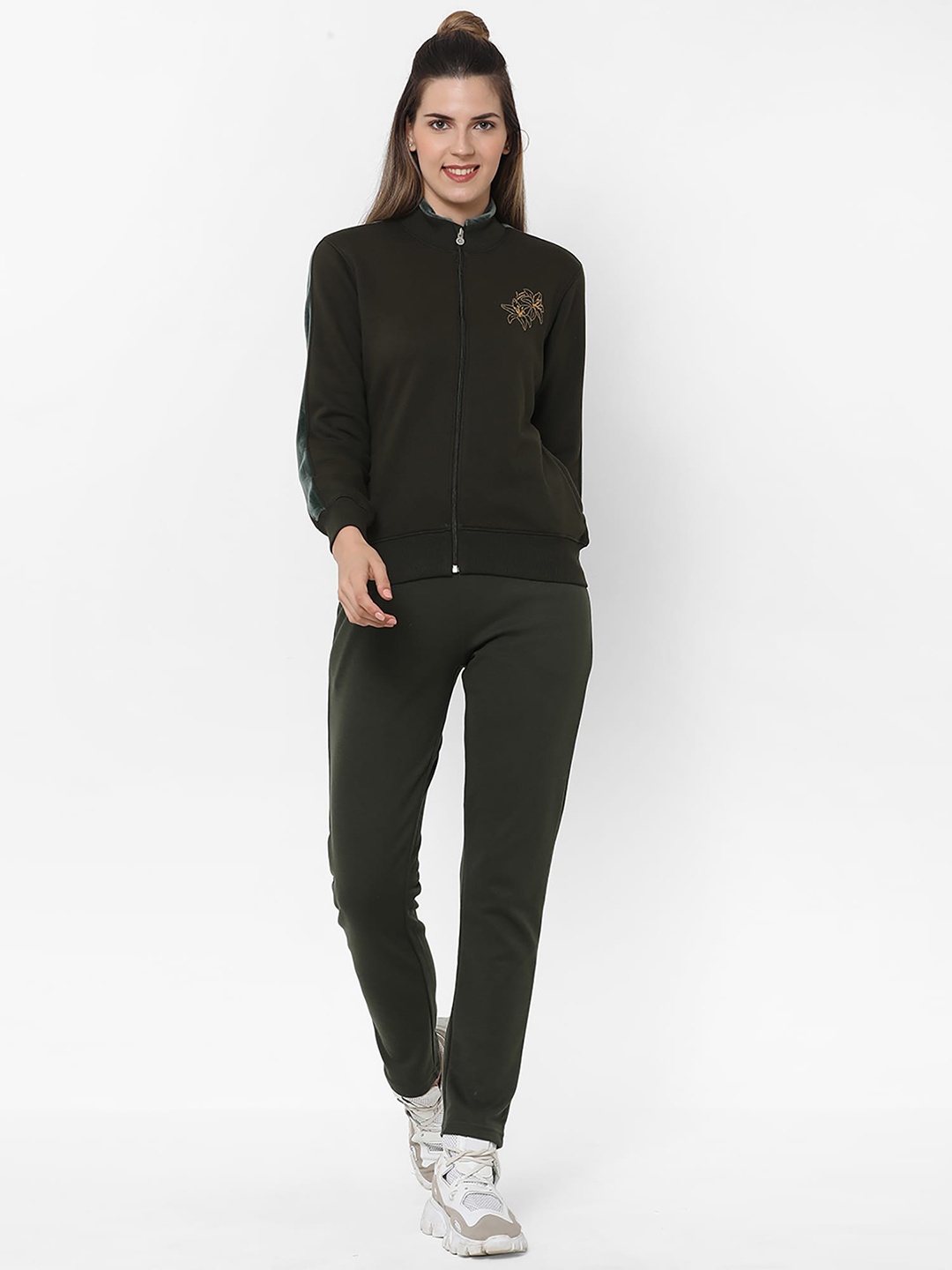 

Sweet Dreams Women Olive Green Solid Fleece Track Suit