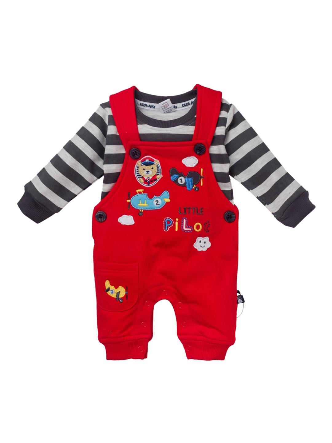 

Little Folks Infants Red Solid Dungaree With Grey Striped T-Shirt