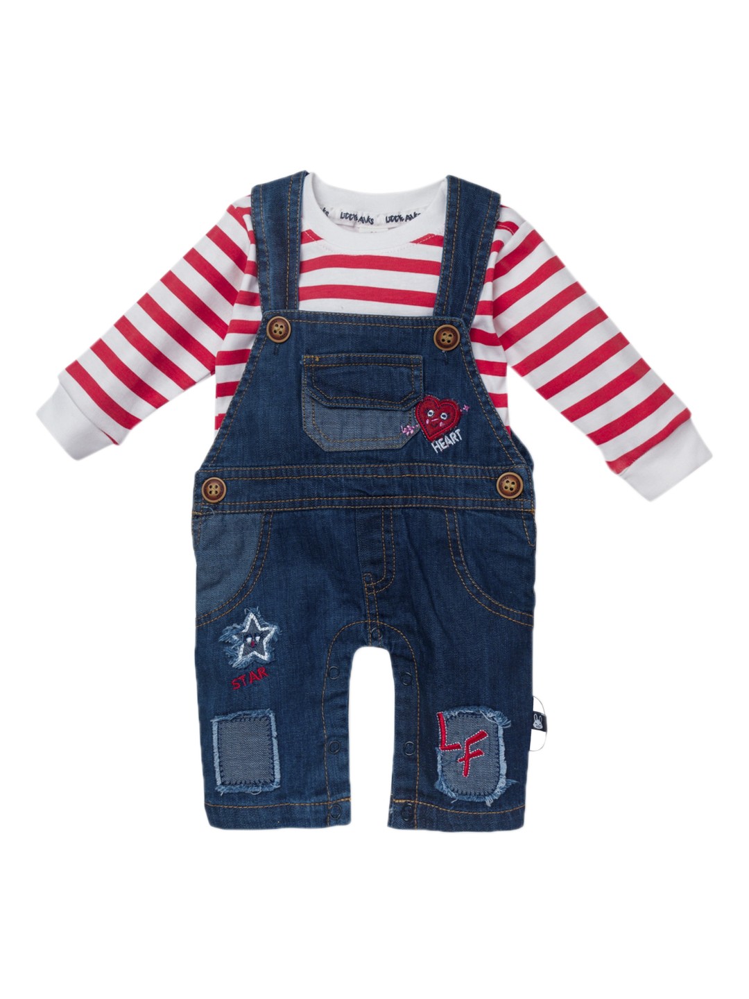 

Little Folks Kids Blue Denim Dungarees With Red & White Striped T-Shirt