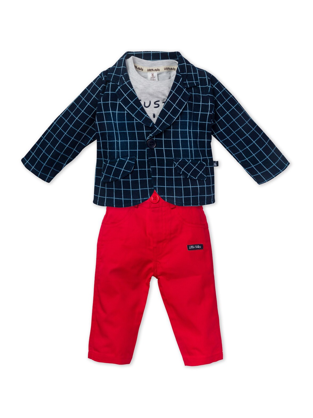 

Little Folks Kids 3 Piece Blue & Red Checked Top with Trousers & Jacket