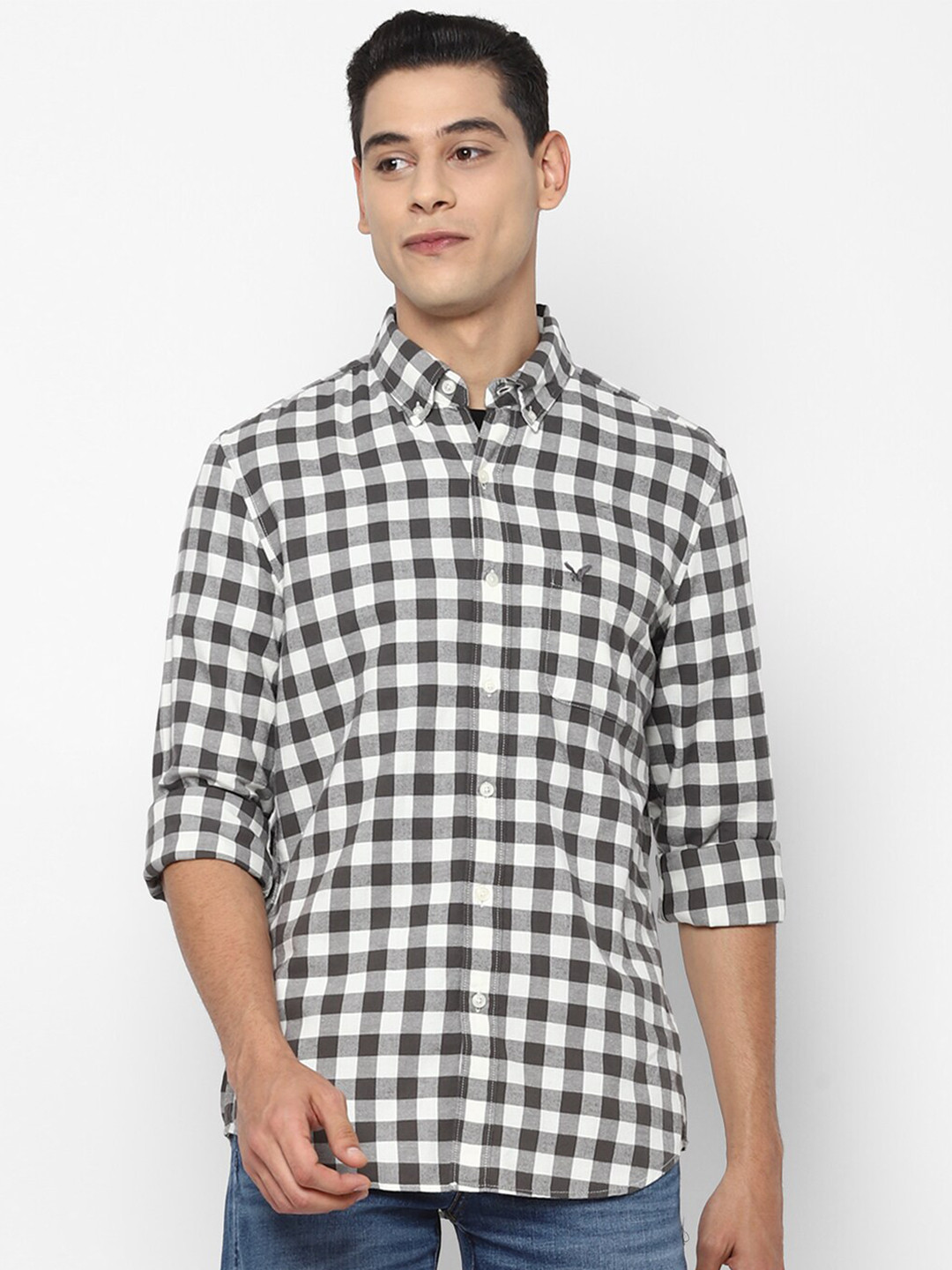

AMERICAN EAGLE OUTFITTERS Men Grey Slim Fit Gingham Checked Casual Shirt
