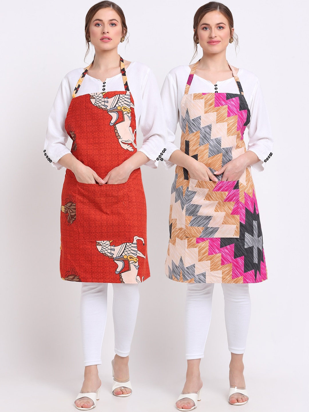 

TAG 7 Pack of 2 Red & Pink Printed Aprons & Napkin