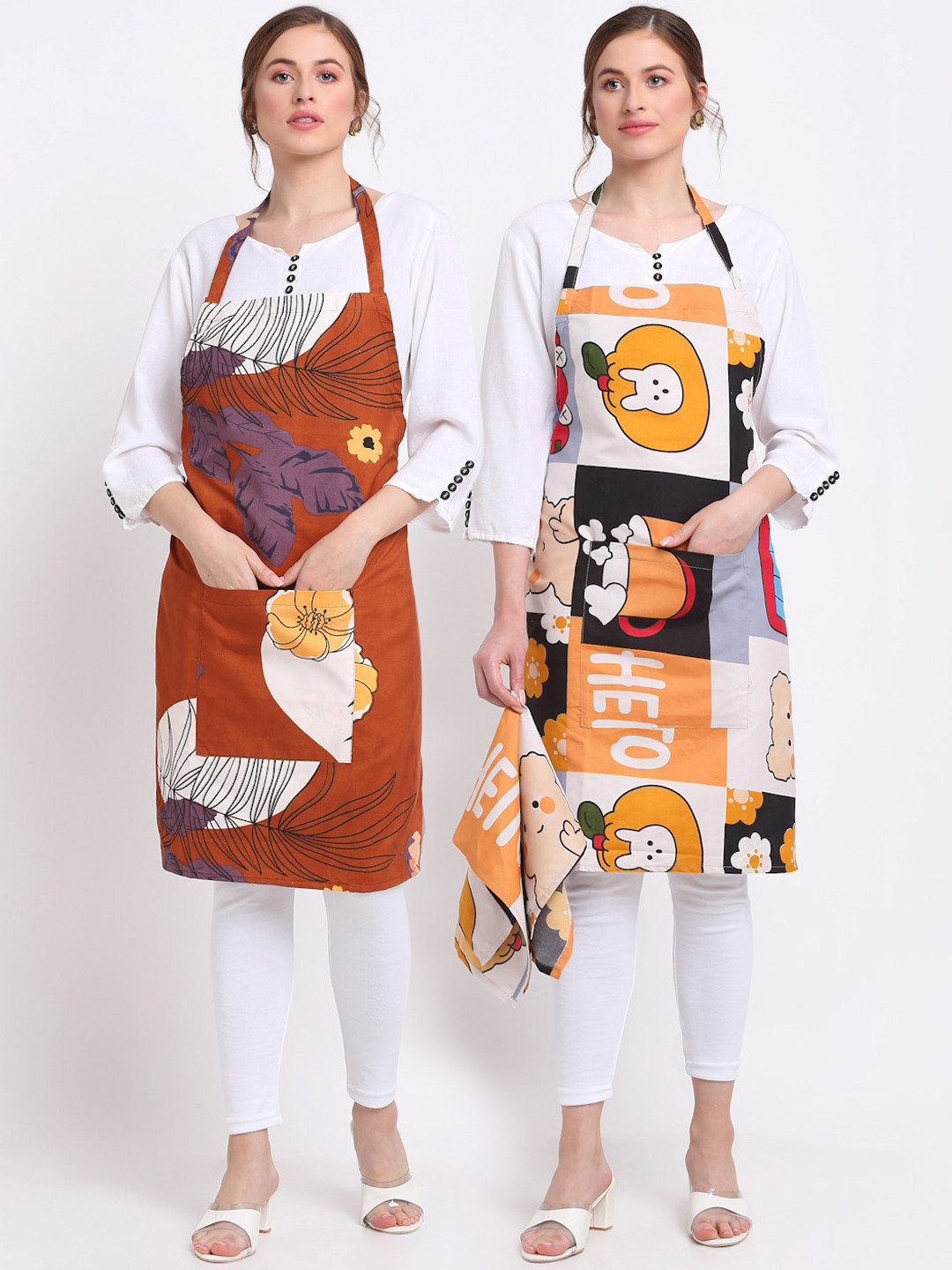 

TAG 7 Pack Of 2 Brown & Orange Printed Aprons & Napkin