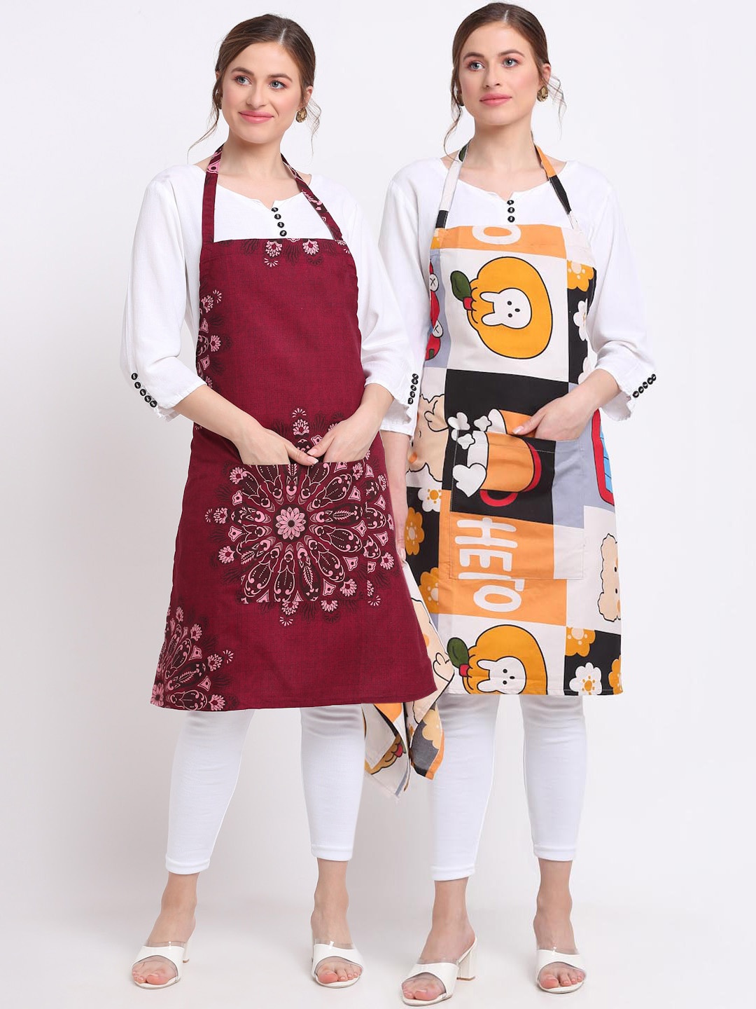 

TAG 7 Pack Of 2 Maroon & Orange Printed Aprons & Napkin