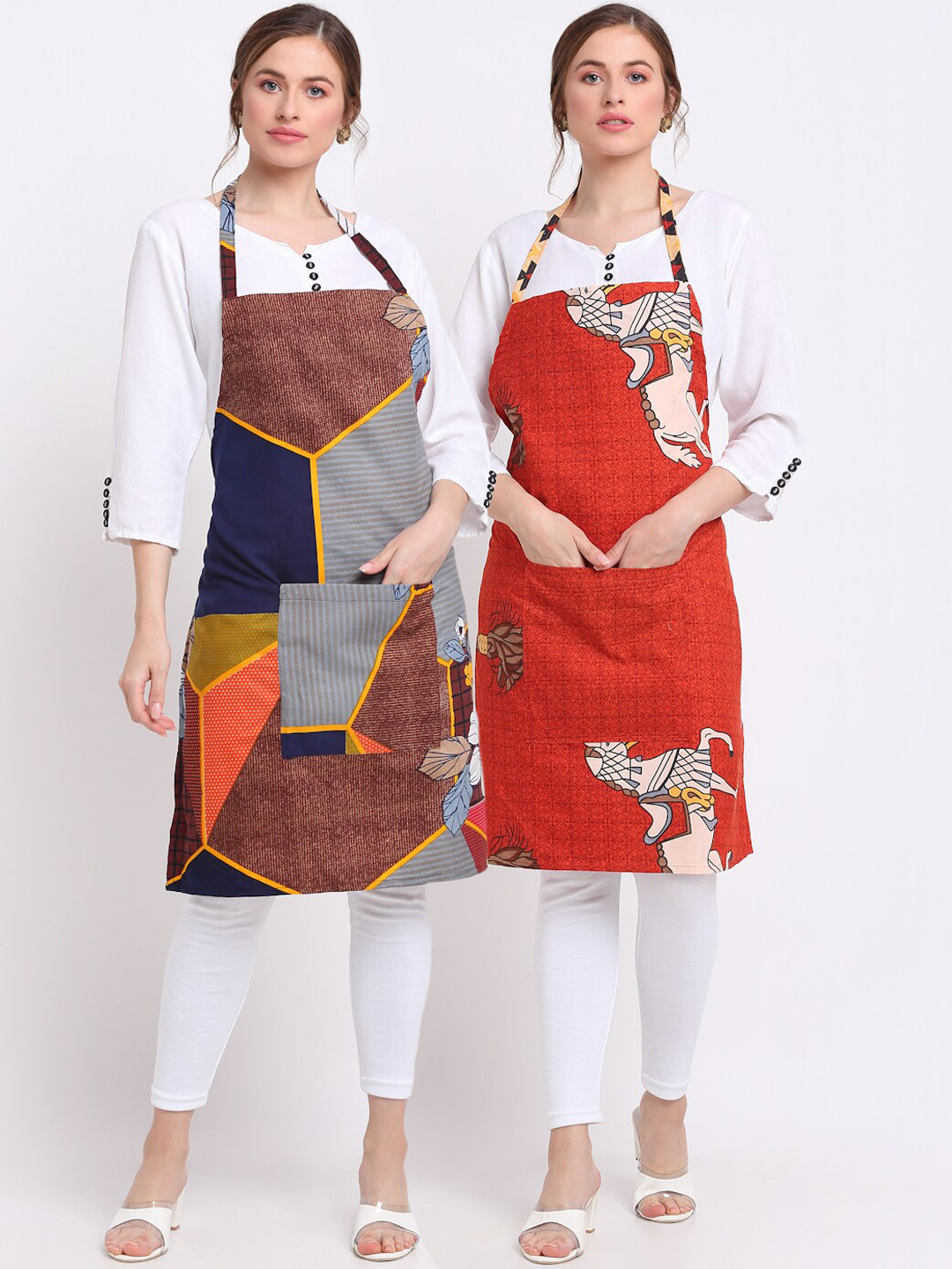 

TAG 7 Pack Of 2 Orange & Brown Printed Aprons & Napkin