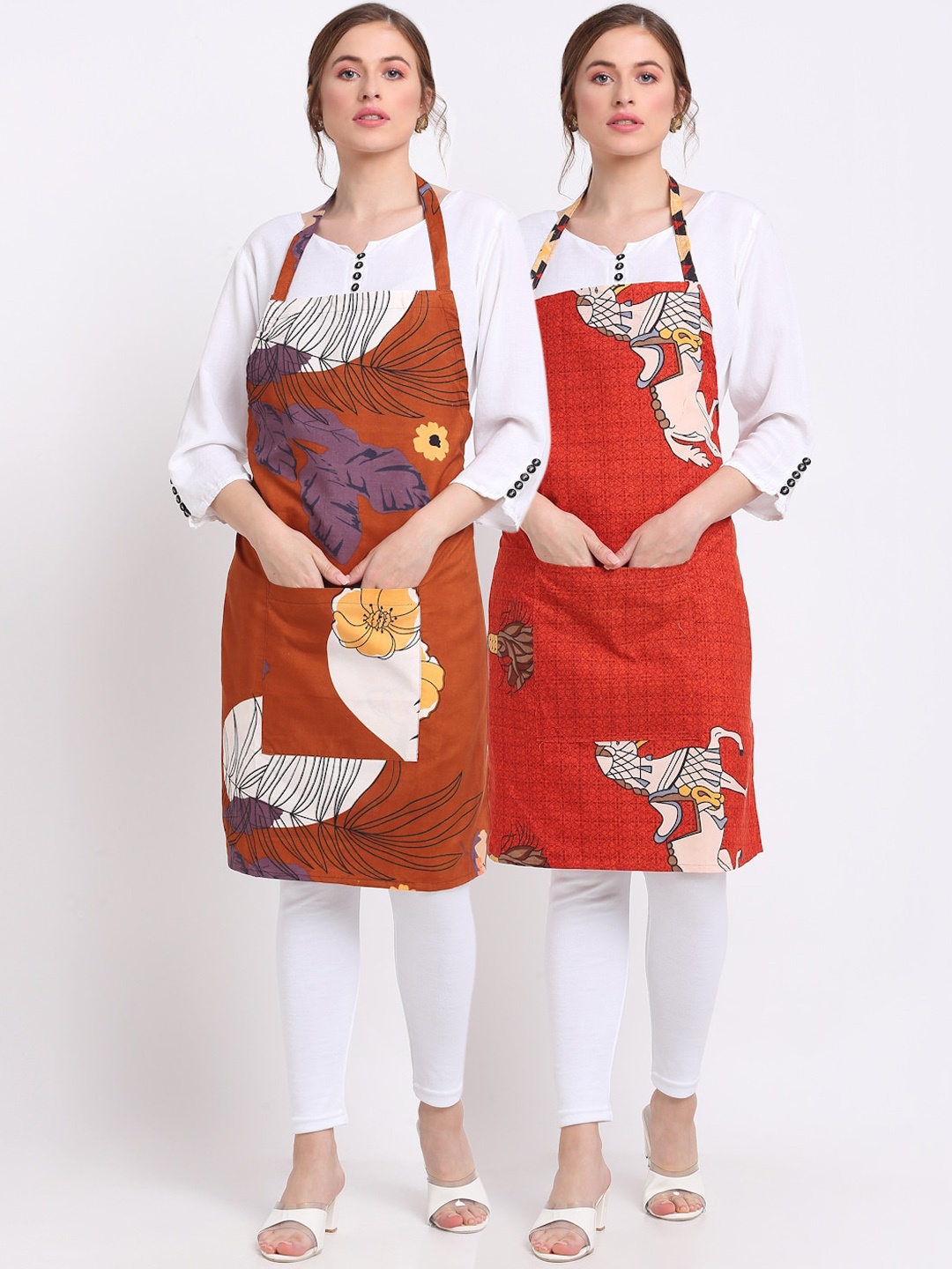 

TAG 7 Pack Of 2 Brown & Orange Printed Aprons & Napkin
