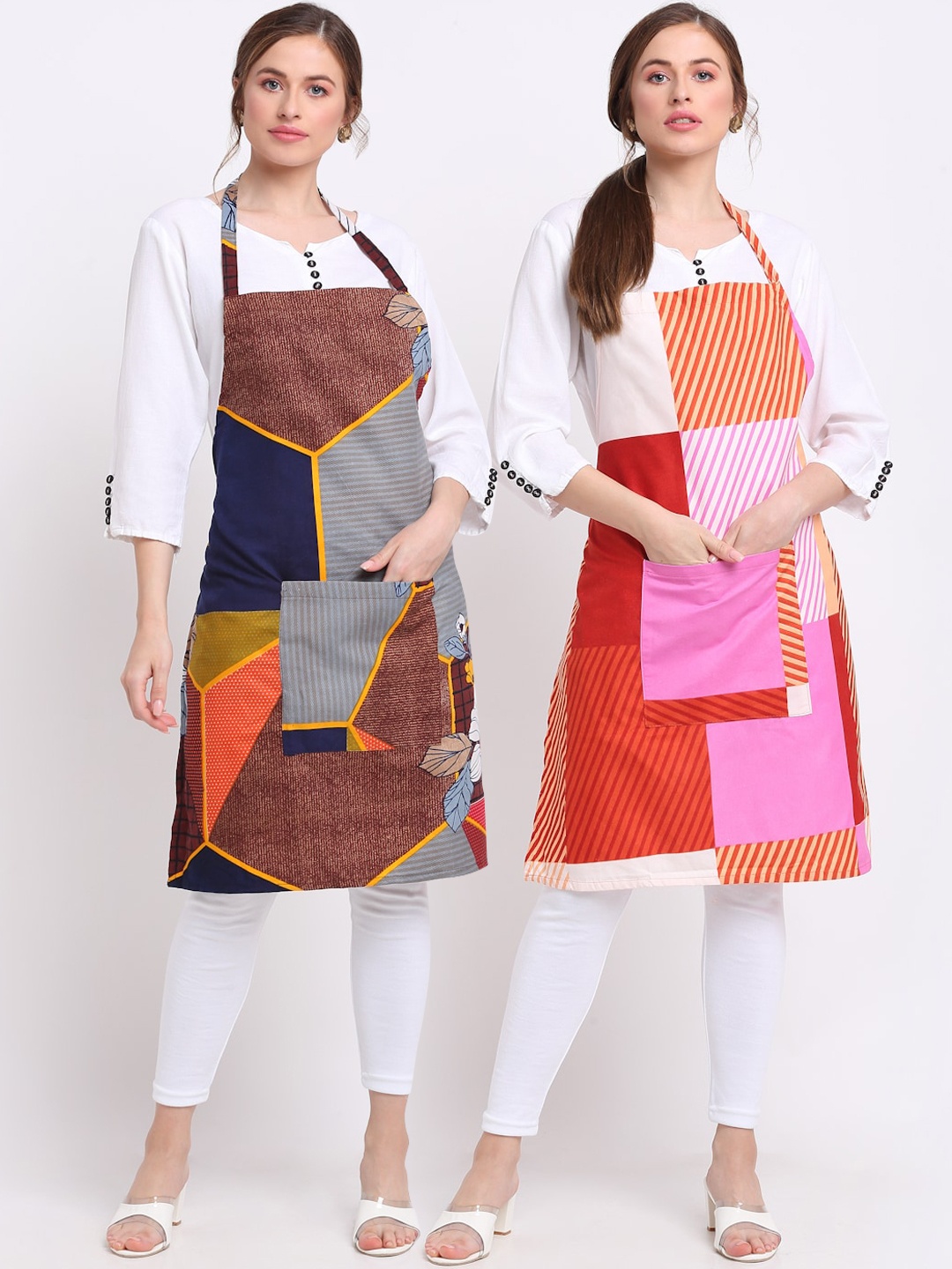 

TAG 7 Pack Of 2 Printed Aprons With Pockets & 2 Napkins, Pink