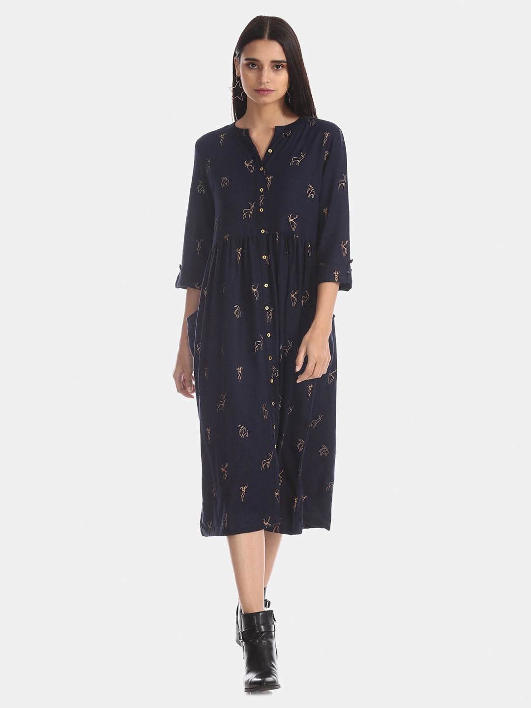 

Bronz Blue Floral A-Line Midi Dress