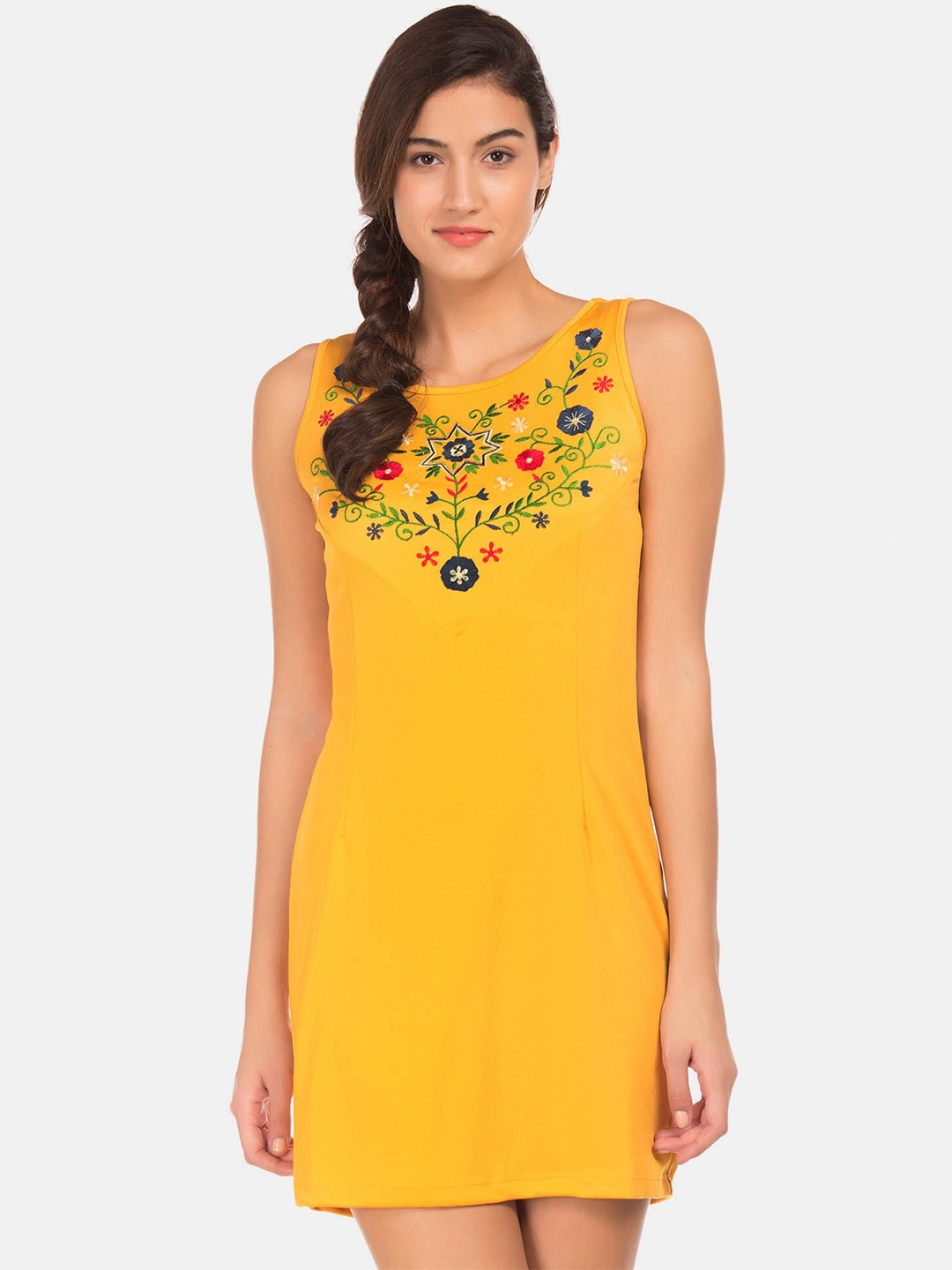 

Bronz Yellow Ethnic Motifs Embroidered A-Line Dress