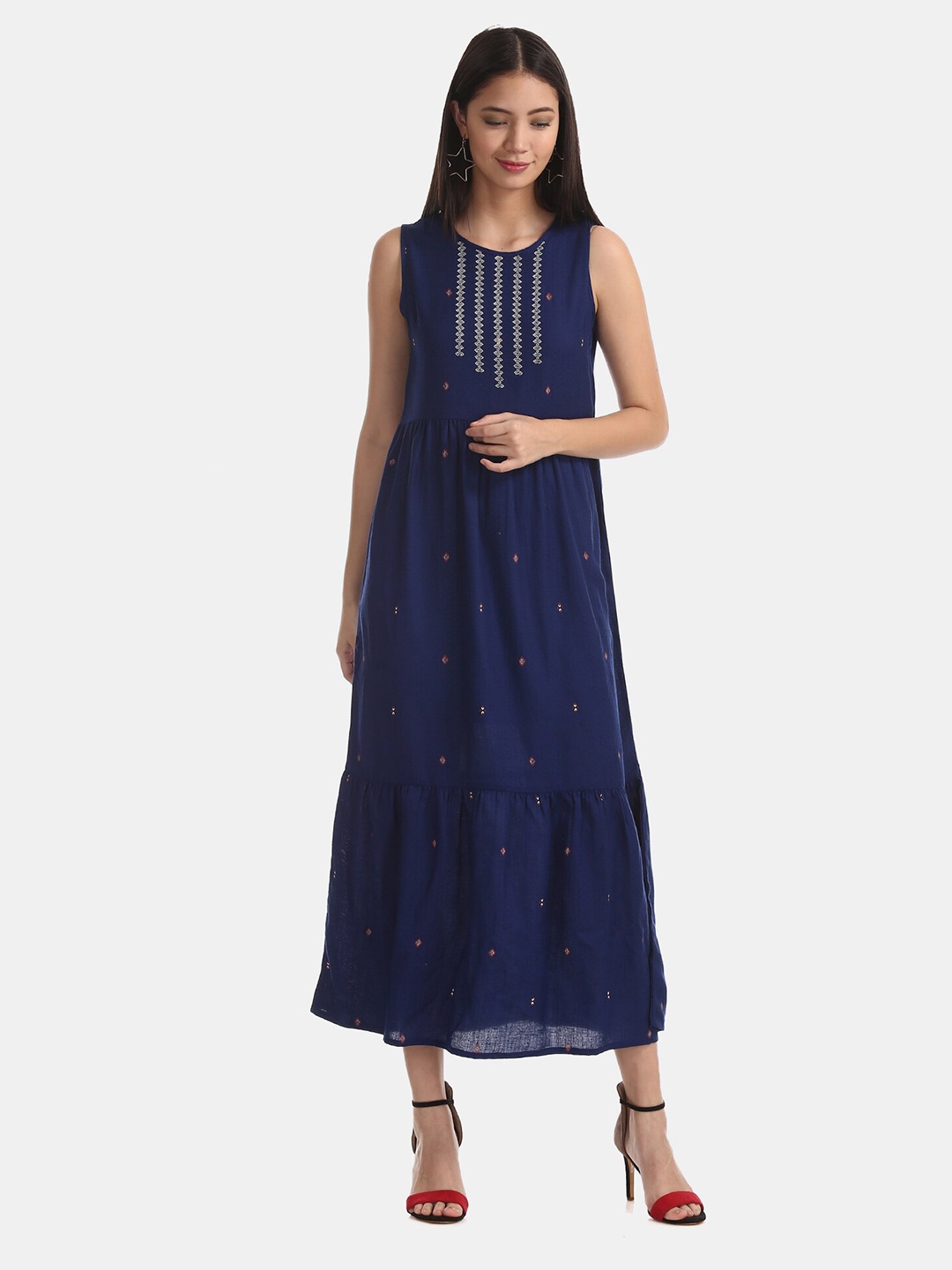 

Bronz Blue Printed A-Line Midi Dress