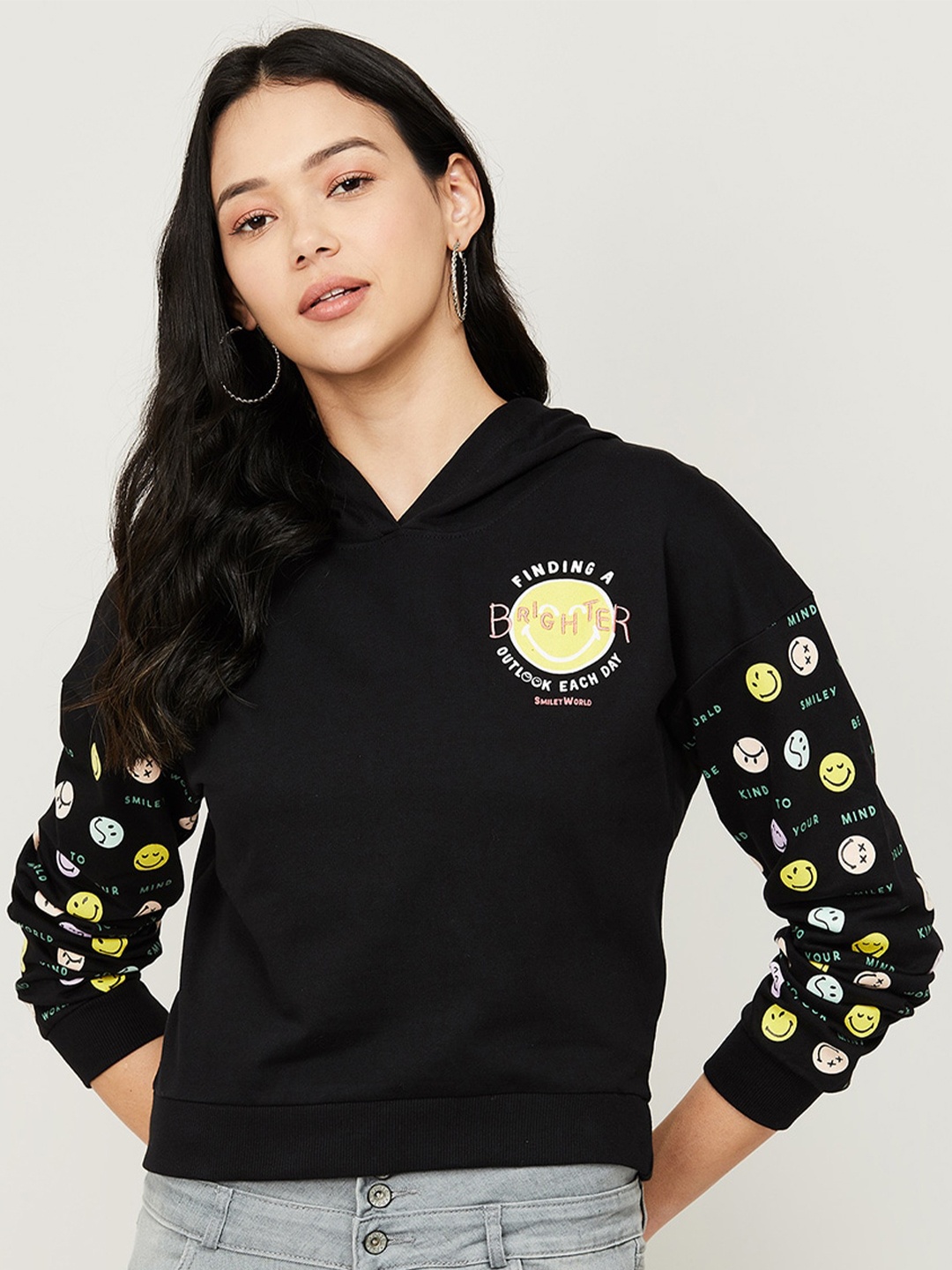 

SmileyWorld Women Black Printed Hooded Sweatshirt