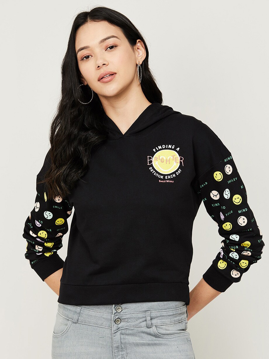 

SmileyWorld Women Black Printed Hooded Sweatshirt