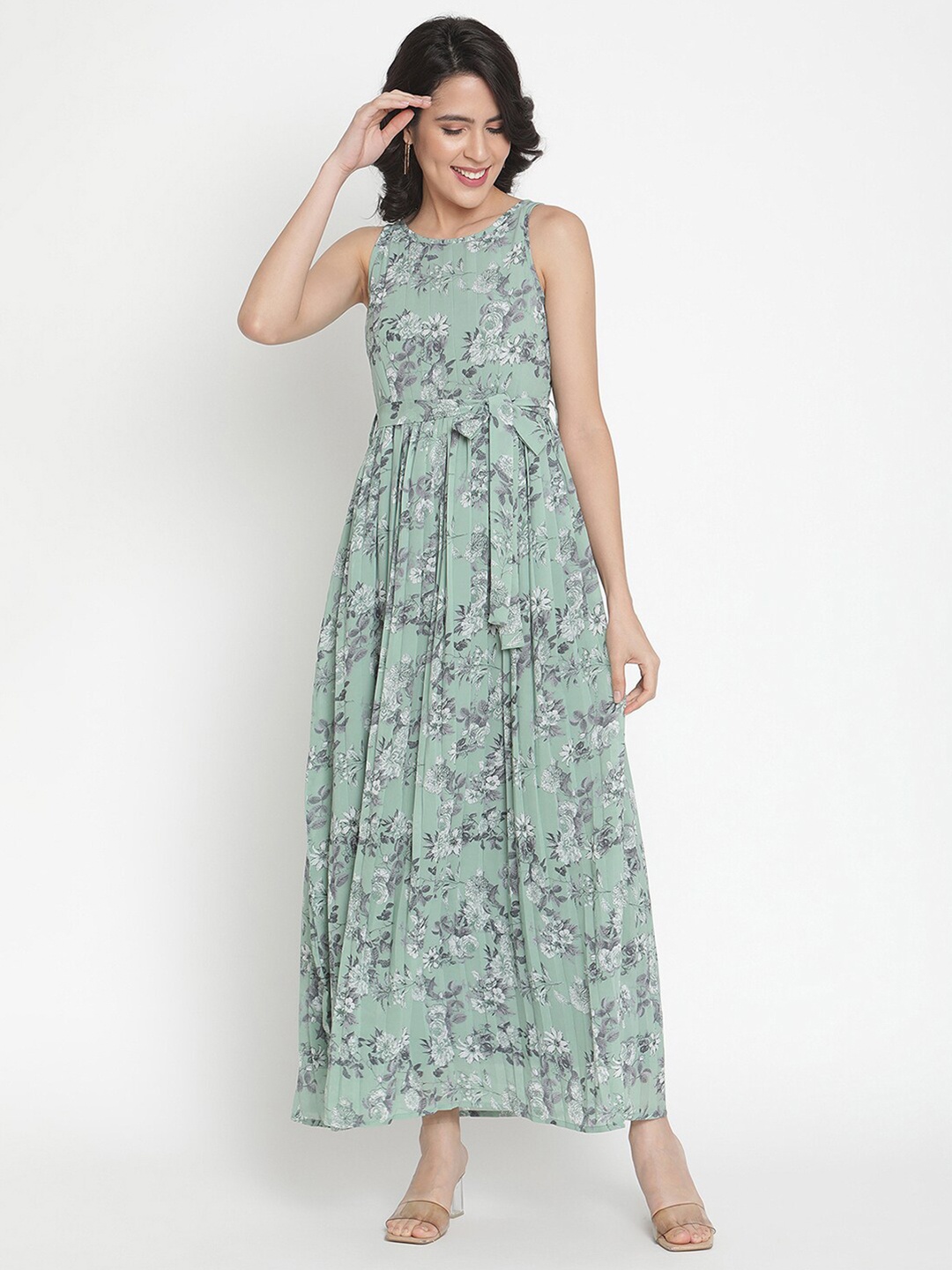 

THREAD MUSTER Women Green & White Floral Belted Georgette Maxi Dress