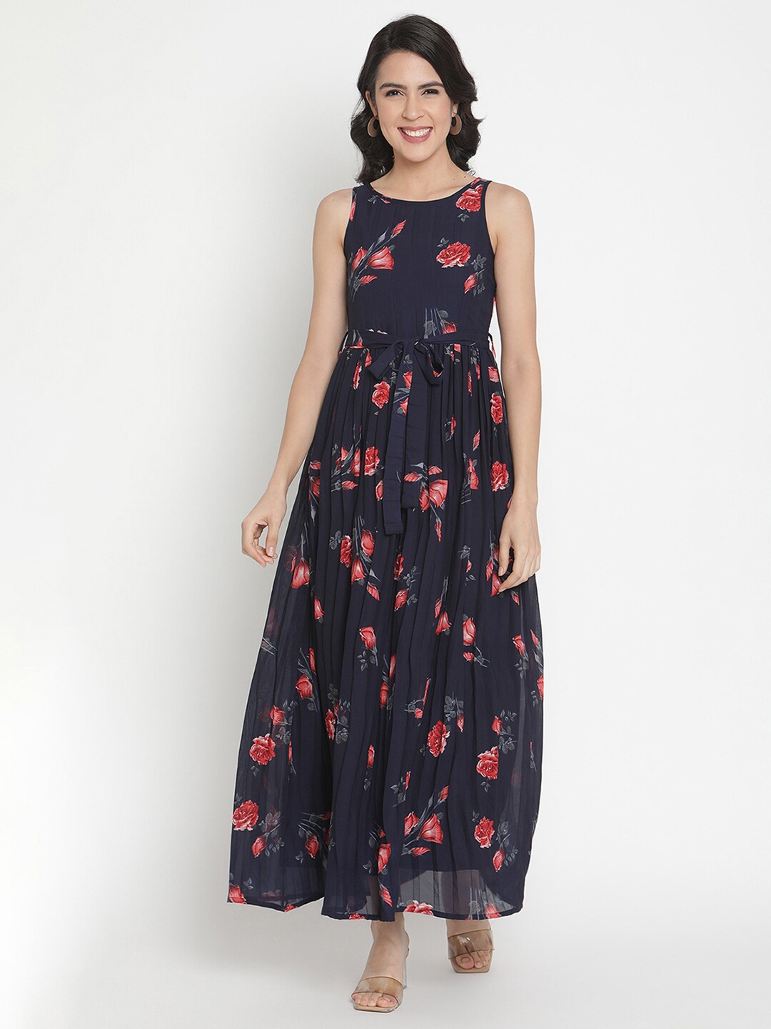 

THREAD MUSTER Navy Blue Floral Georgette Maxi Dress