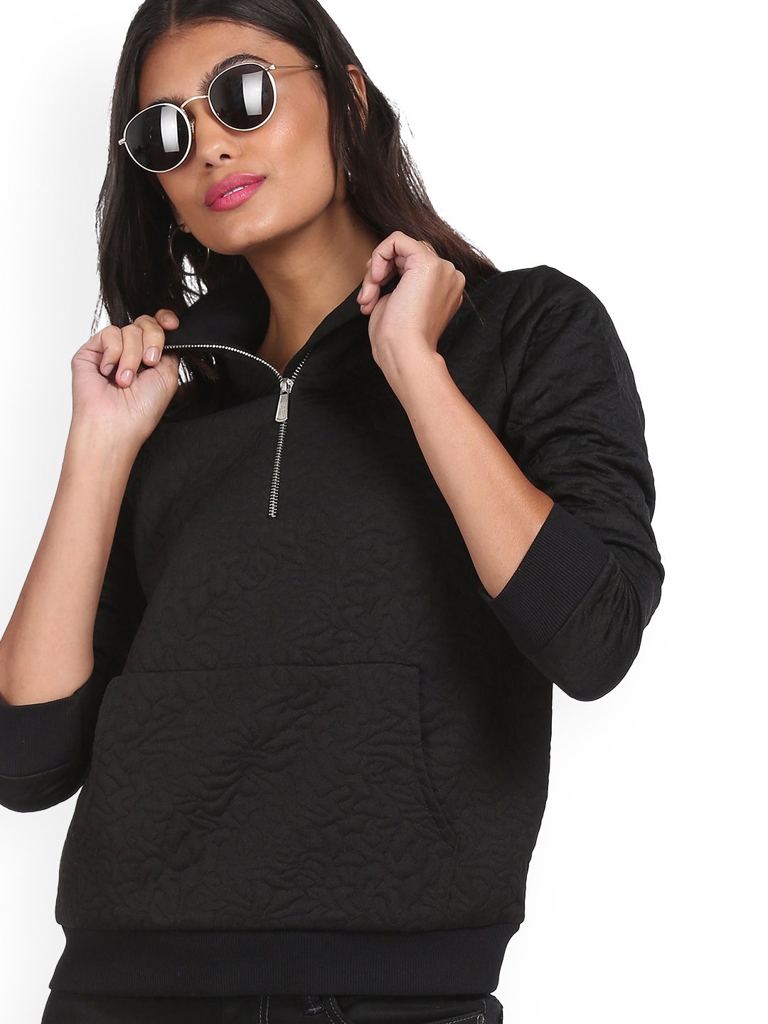 

Sugr Women Black High Neck Textured Sweatshirt