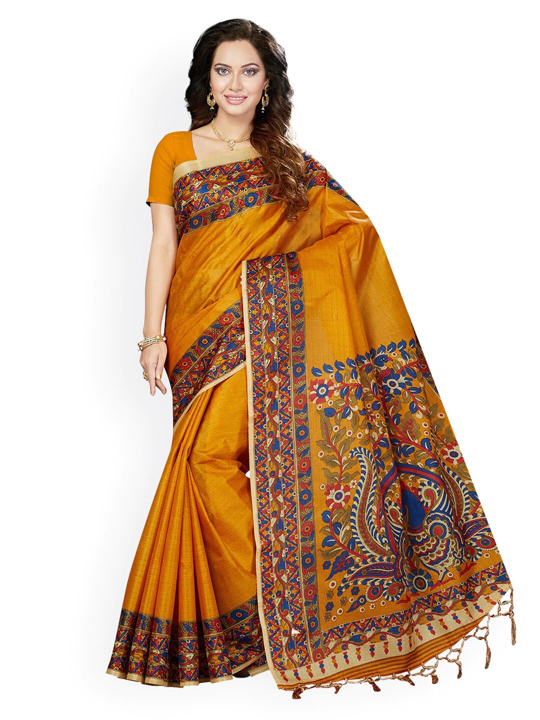 

Ishin Mustard & Blue Kalamkari Bhagalpuri Art Silk Saree