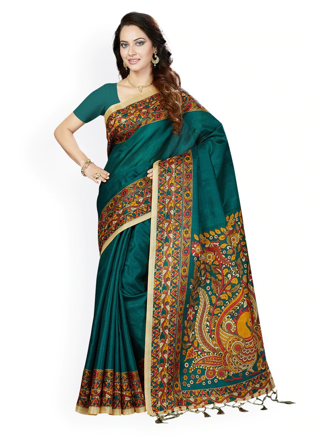 

Ishin Green & Red Ethnic Motifs Art Silk Bhagalpuri Saree