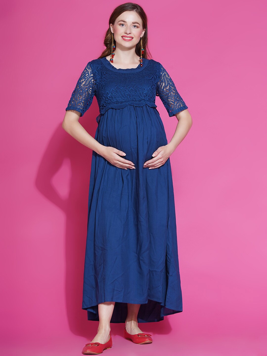 

Mine4Nine Teal Net Maternity Empire Maxi Dress