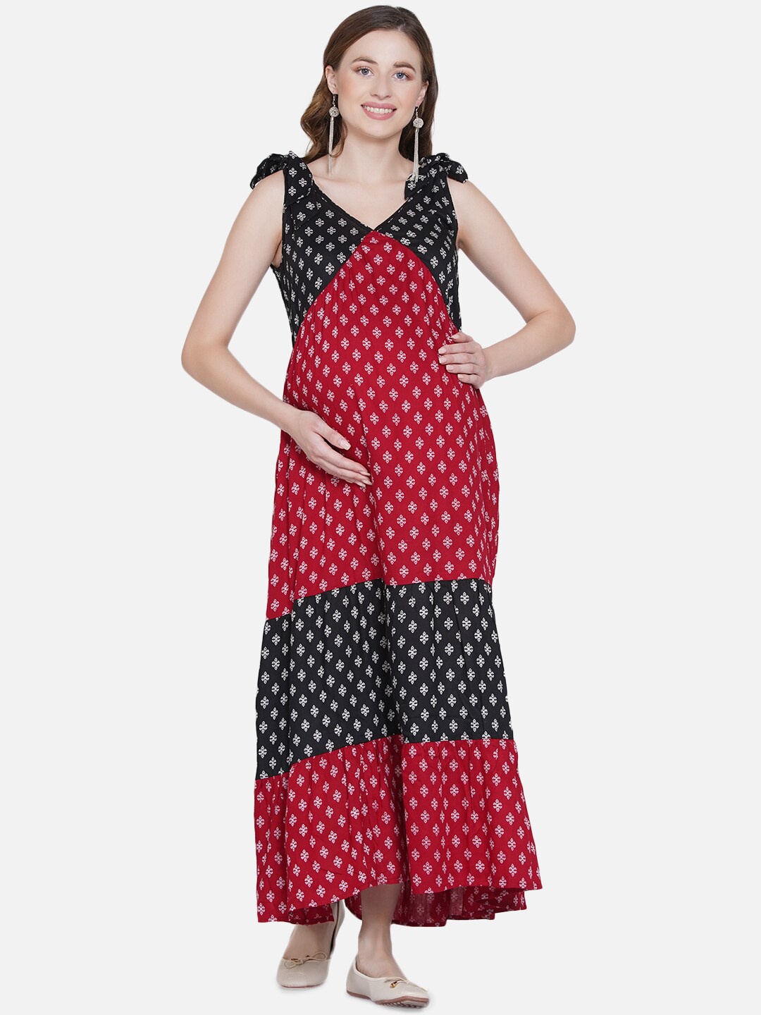 

Mine4Nine Red & Black Ethnic Motifs Maternity Maxi Dress