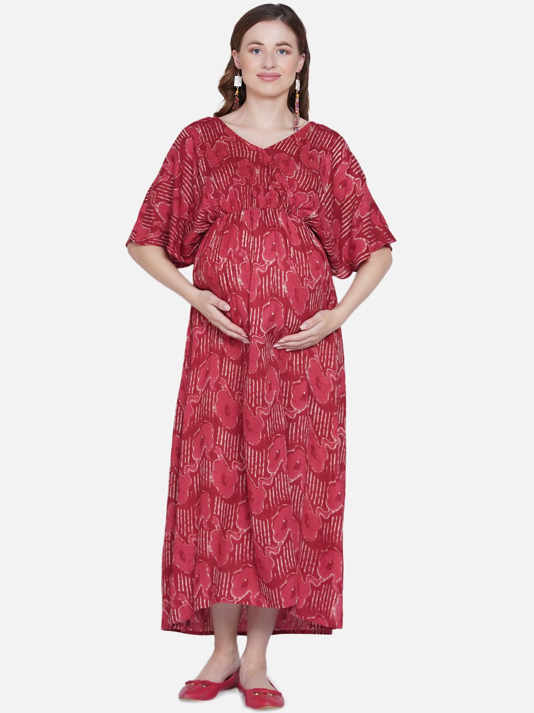 

Mine4Nine Women Maroon & White Printed Maternity Maxi Dress