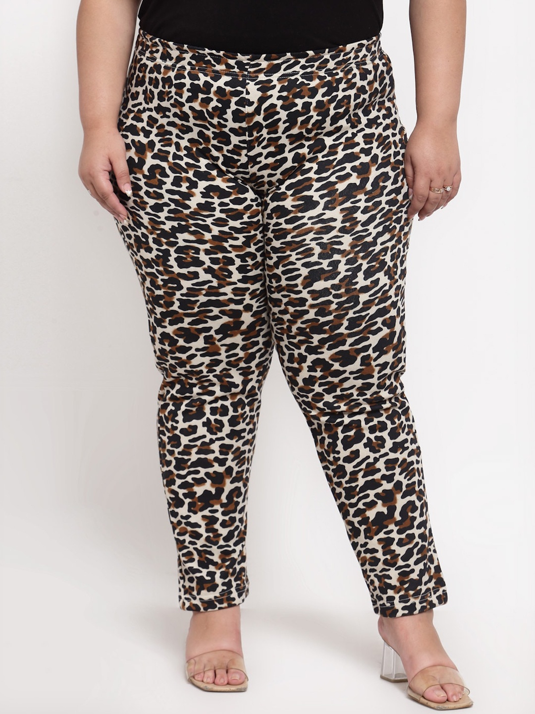 

plusS Women Black & Brown Animal Printed Cotton Straight-Fit Track Pants