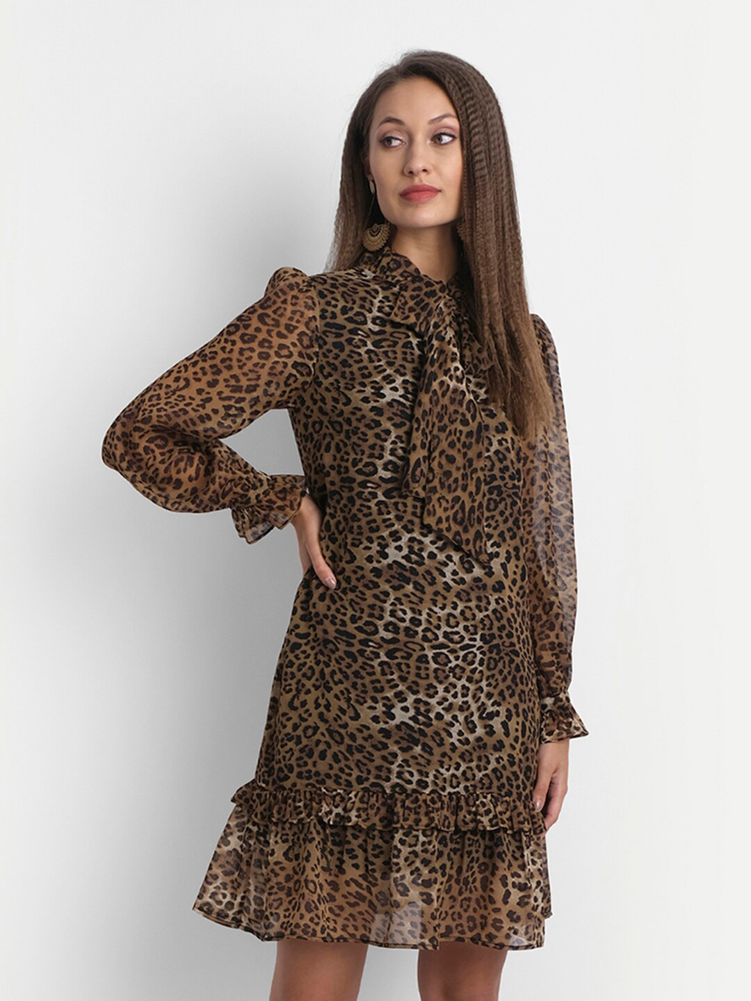 

LY2 Coffee Brown Animal Tie-Up Neck Chiffon Shirt Dress