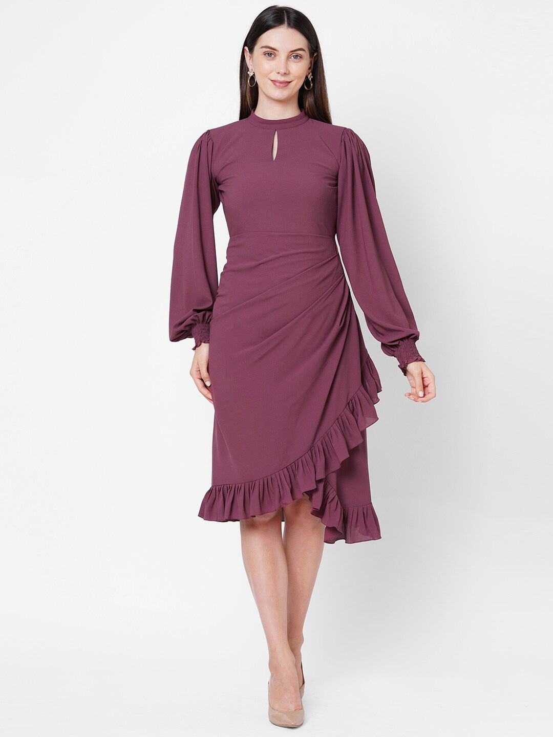 

POPPI Women Purple Keyhole Neck Georgette Sheath Midi Dress