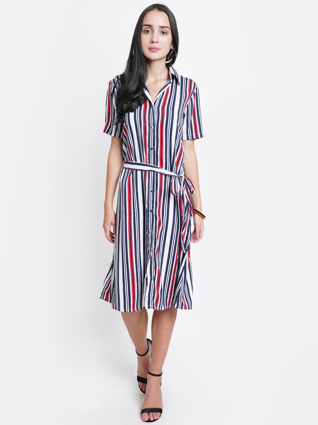 

Purple State Women Navy Blue & White Striped Belted Shirt Dress