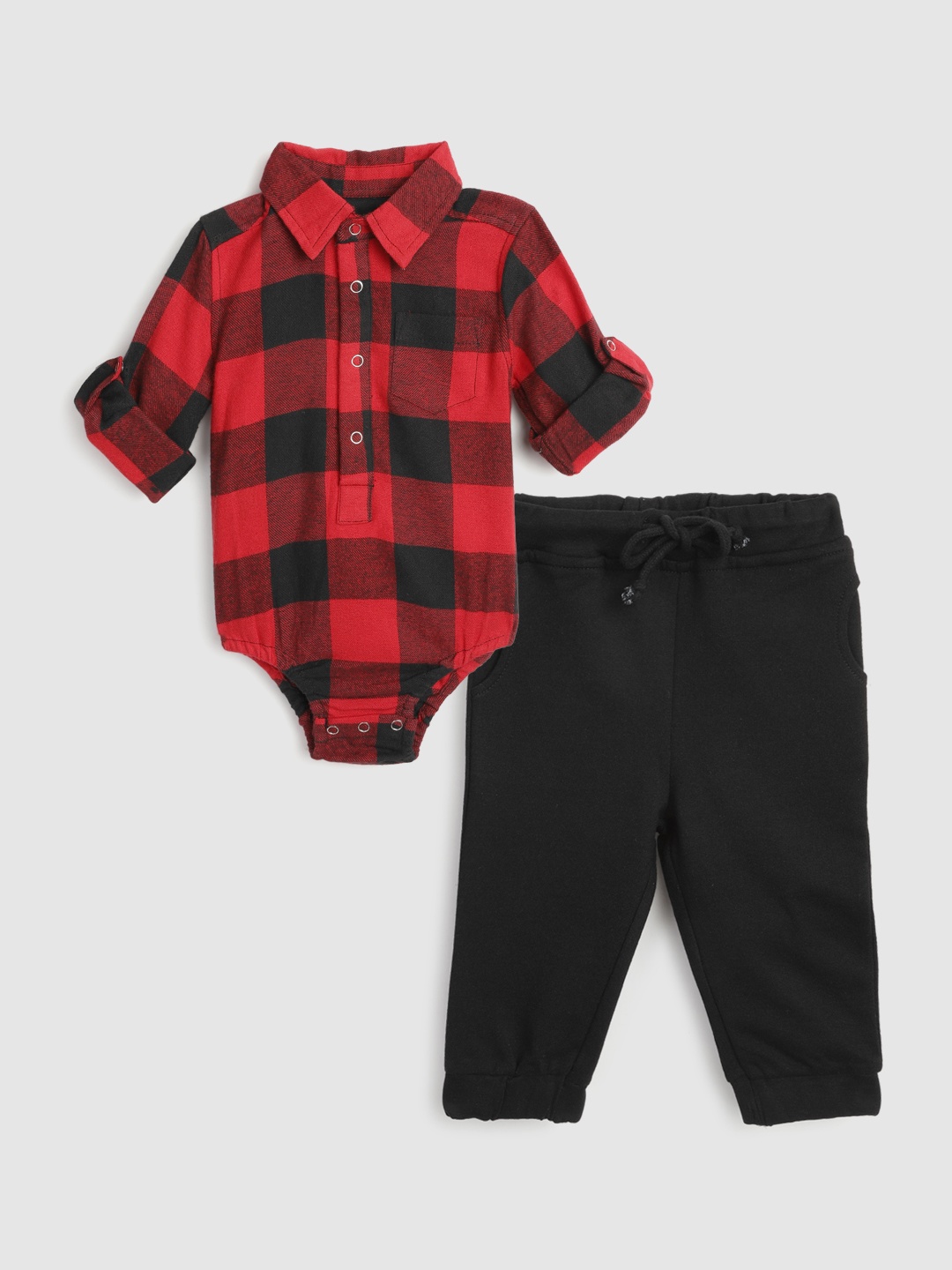 

YK Boys Red & Black Pure Cotton Checked Shirt with Solid Pyjamas