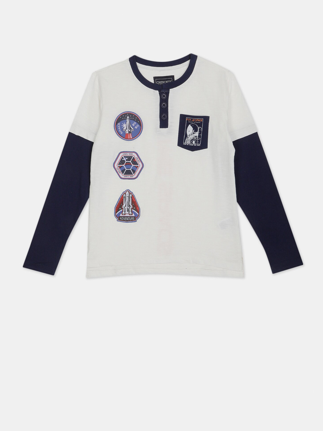 

Cherokee Boys White Typography Colourblocked Henley Neck Applique T-shirt