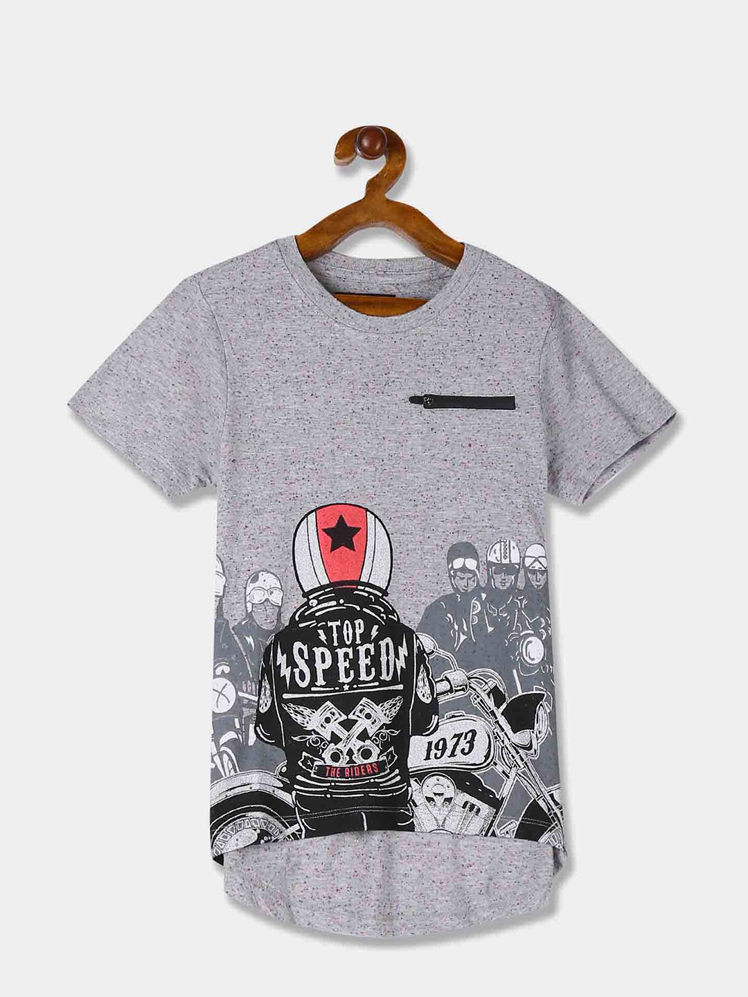 

Cherokee Boys Grey Melange & Black Biker Printed Cotton T-shirt
