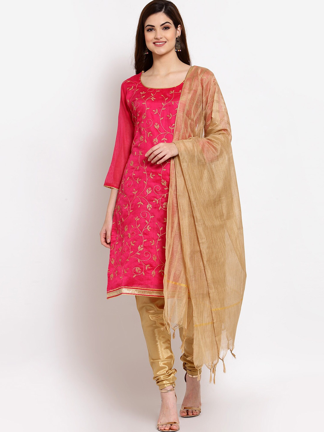 

SERONA FABRICS Pink & Beige Embroidered Unstitched Dress Material