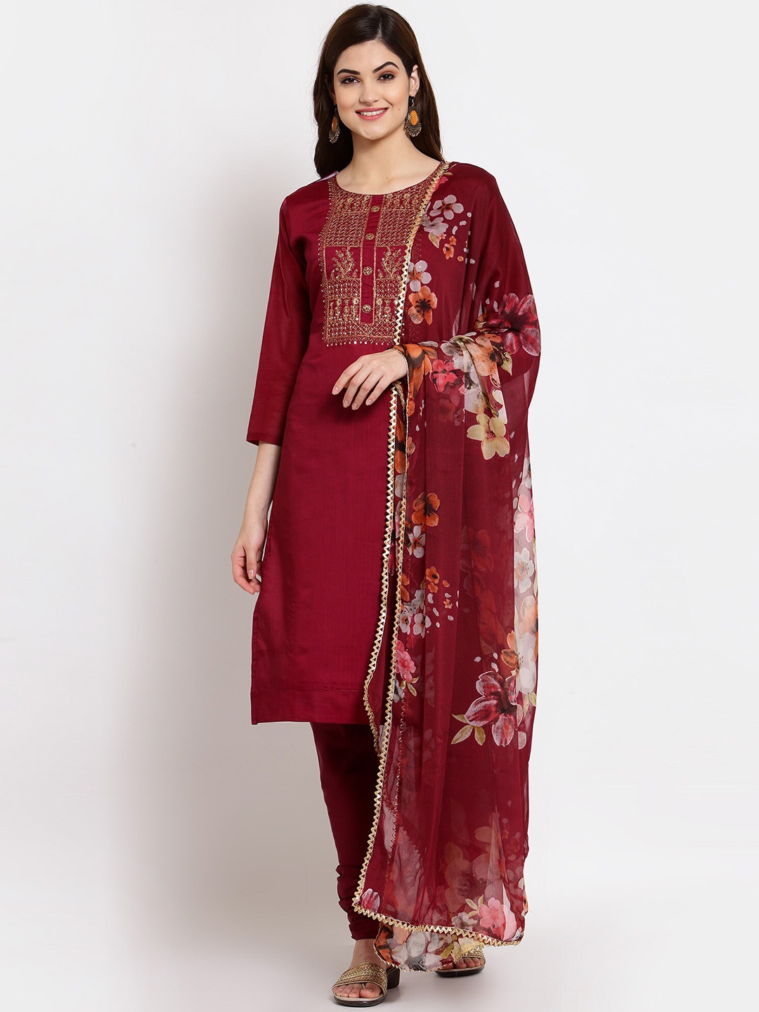 

SERONA FABRICS Woman Maroon & Orange Embroidered Unstitched Dress Material